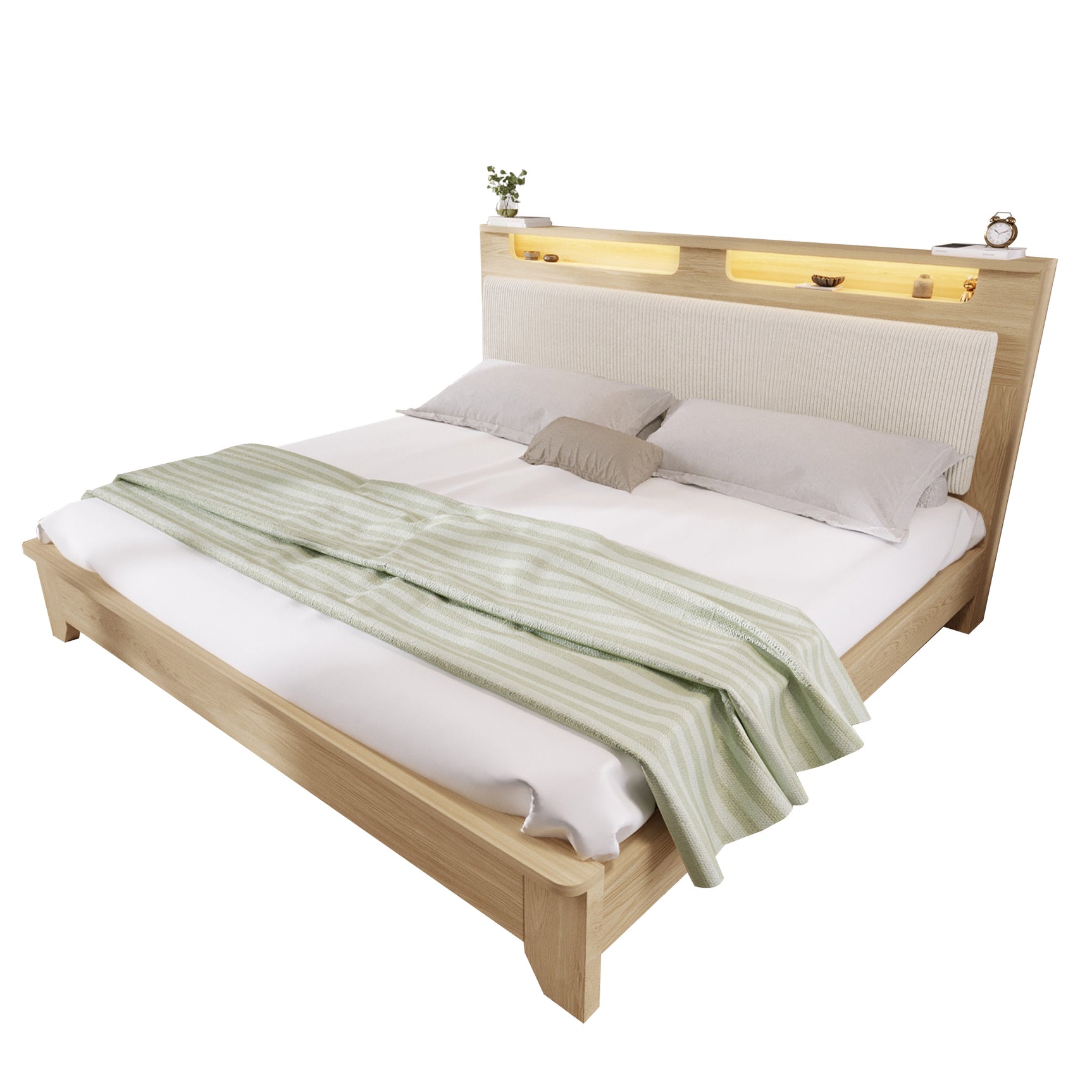 Lit double 160x200 cm en bois avec sommier, tête de lit avec LED intégrées, dossier rembourré en tissu côtelé beige et espace de rangement pratique (matelas non inclus)