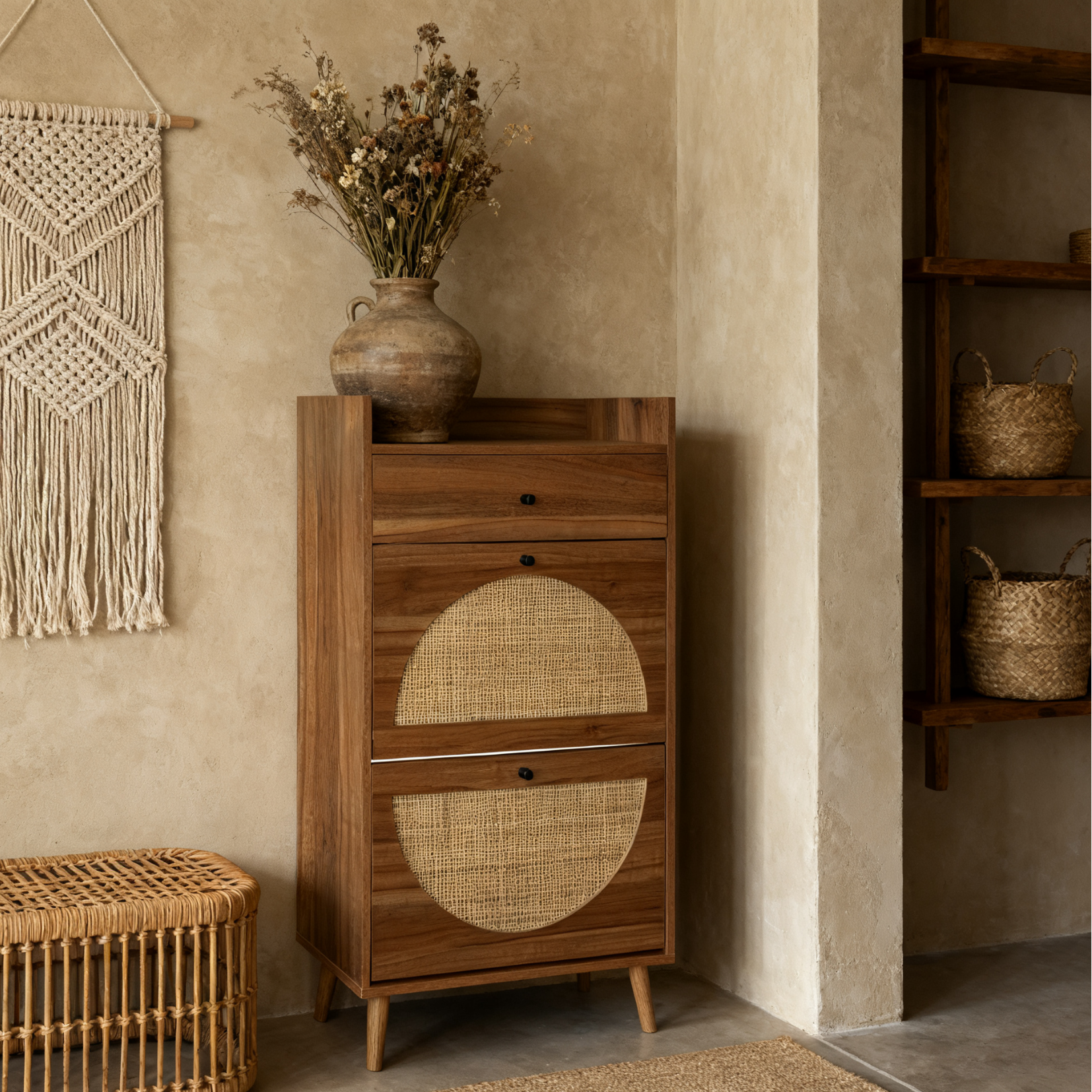 Meuble à chaussures en noyer 60x24x110 cm avec 2 portes en rotin, 1 tiroir et étagères réglables