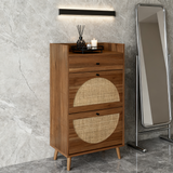 Meuble à chaussures en noyer 60x24x110 cm avec 2 portes en rotin, 1 tiroir et étagères réglables