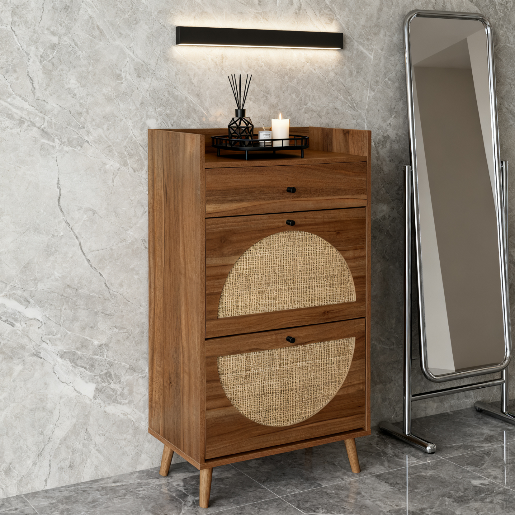 Meuble à chaussures en noyer 60x24x110 cm avec 2 portes en rotin, 1 tiroir et étagères réglables