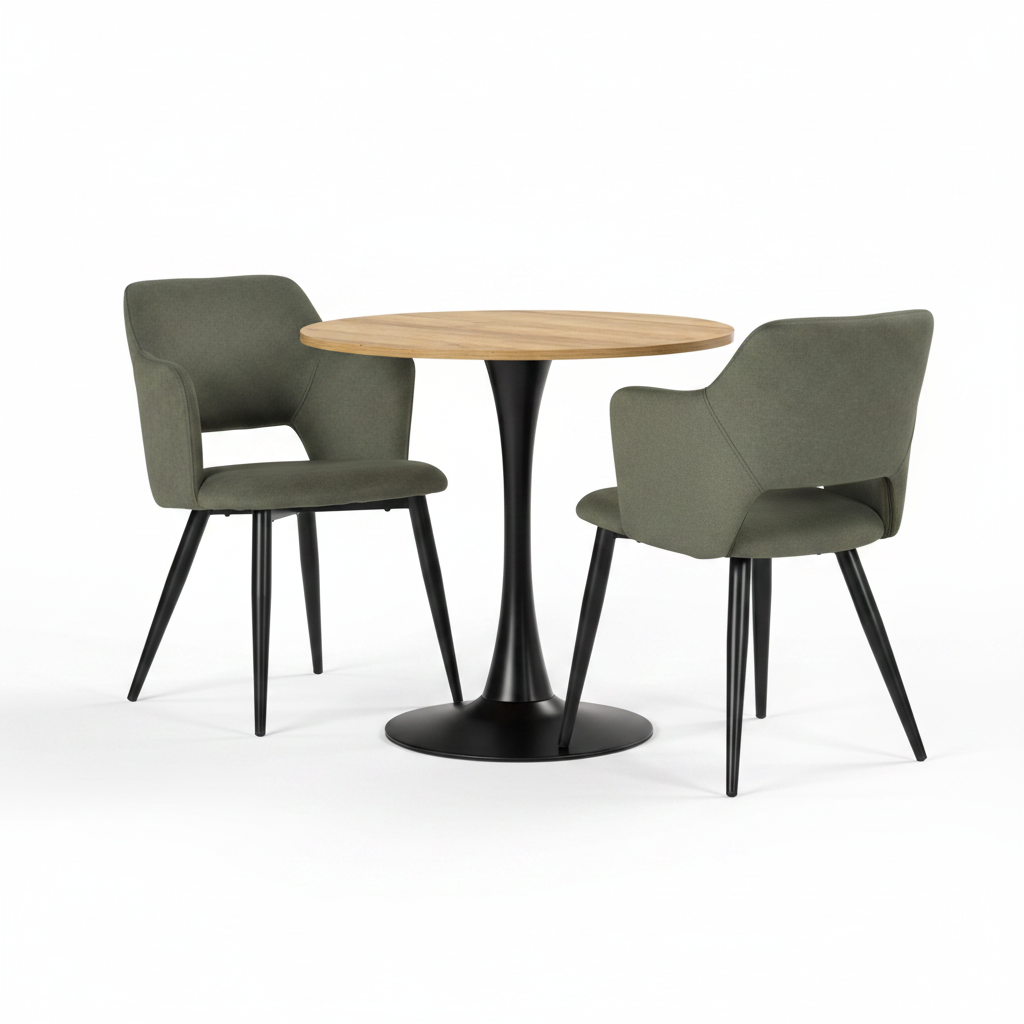 Round Table Table Table Table Timber Ø80 cm with 4 black velvet chairs, modern and comfortable style