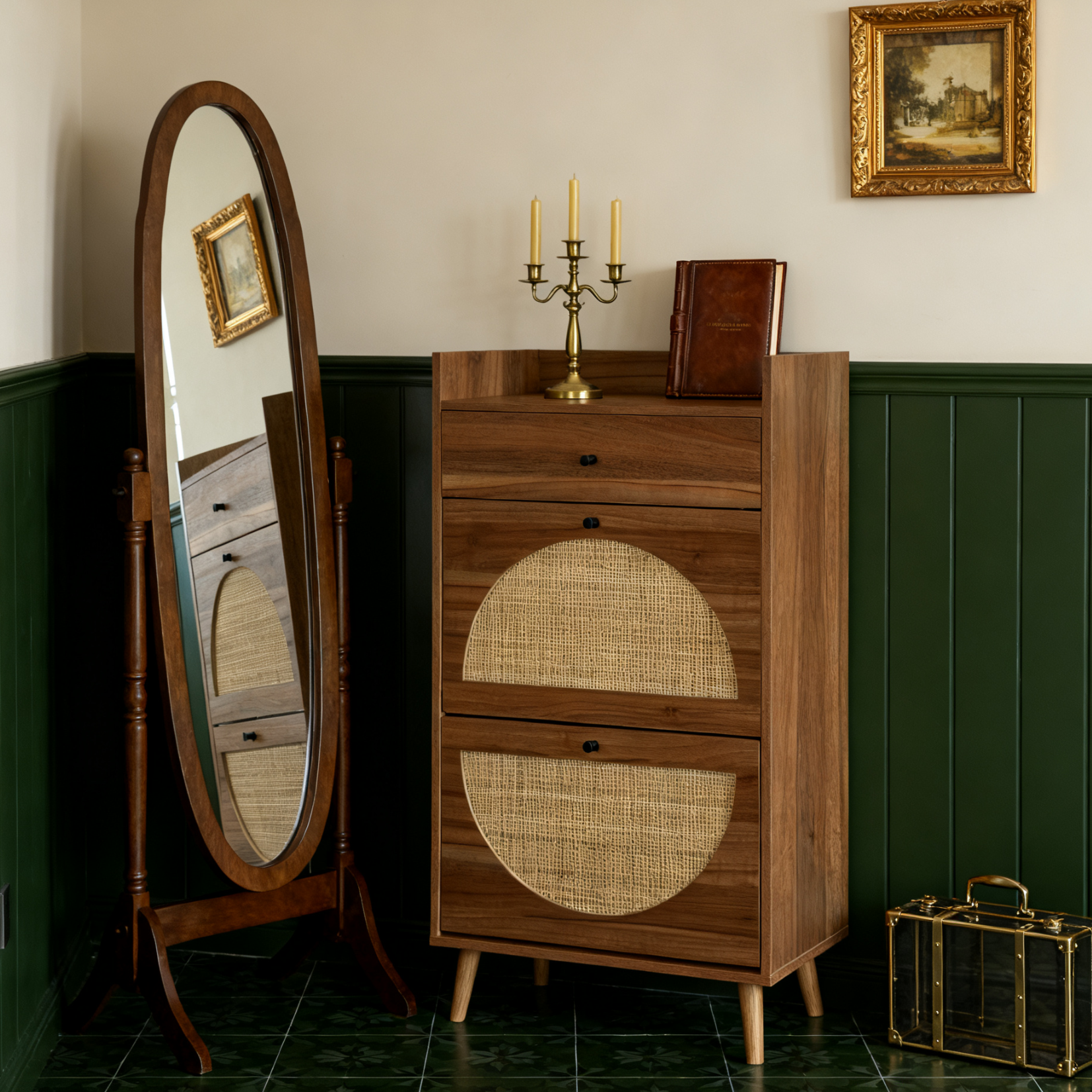 Meuble à chaussures en noyer 60x24x110 cm avec 2 portes en rotin, 1 tiroir et étagères réglables