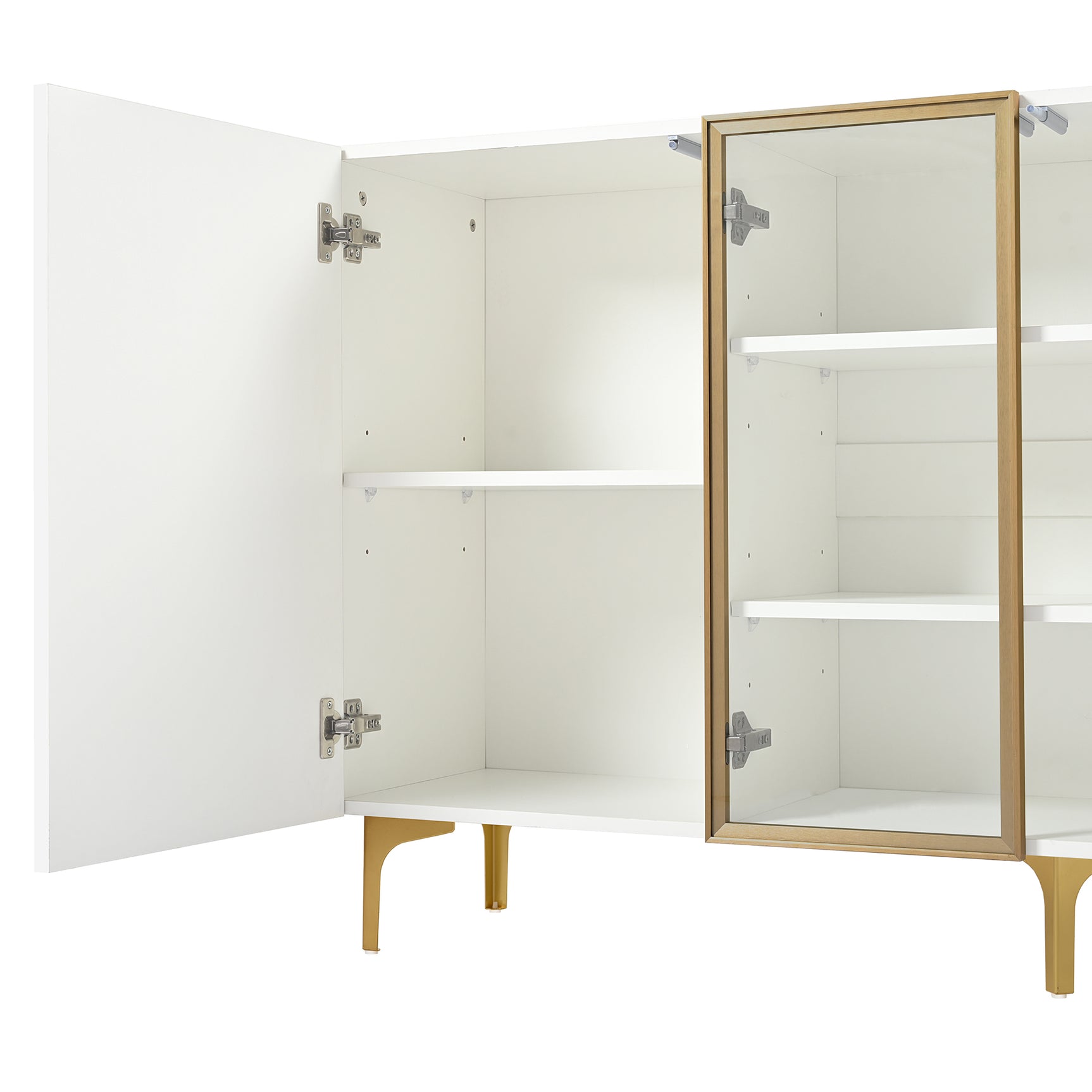 Buffet moderne 4 portes blanc avec verre trempé et pieds en métal doré, design minimaliste avec grand espace de rangement