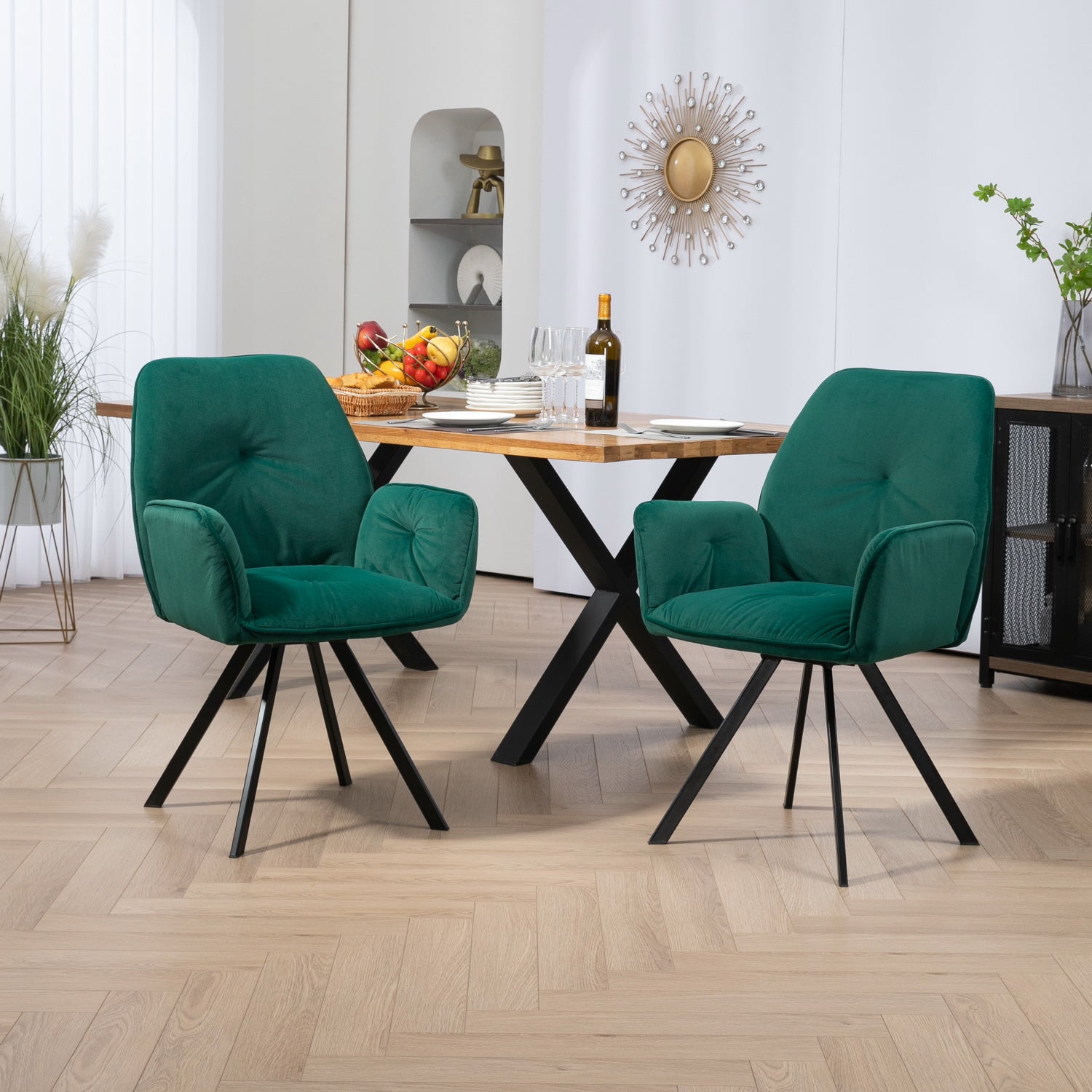Conjunto de 4 cómodas sillas de comedor en tela beige y verde con reposabrazos - CALF GREEN+BEIGE