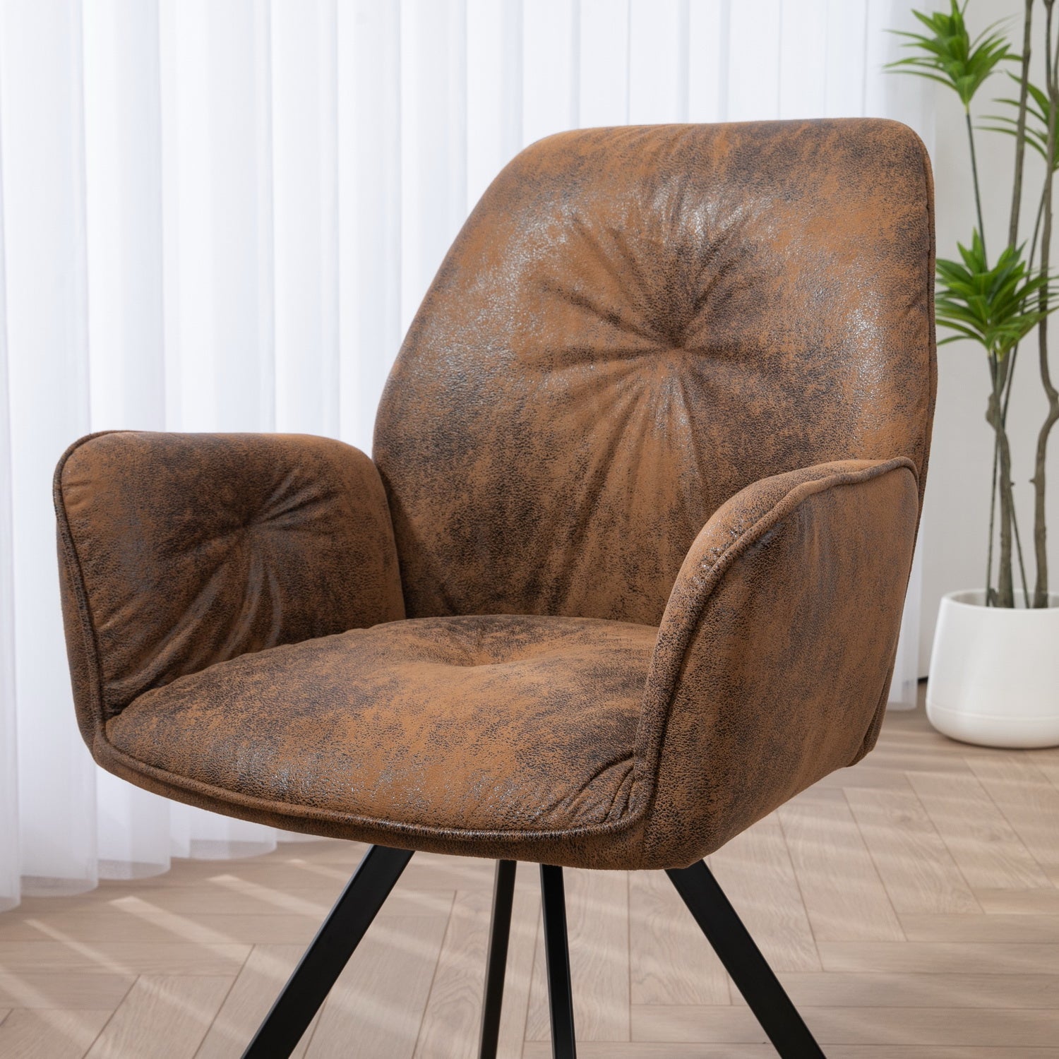 Conjunto de 4 cómodas sillas de comedor de ante con reposabrazos - CALF SUEDE BROWN 4PCS