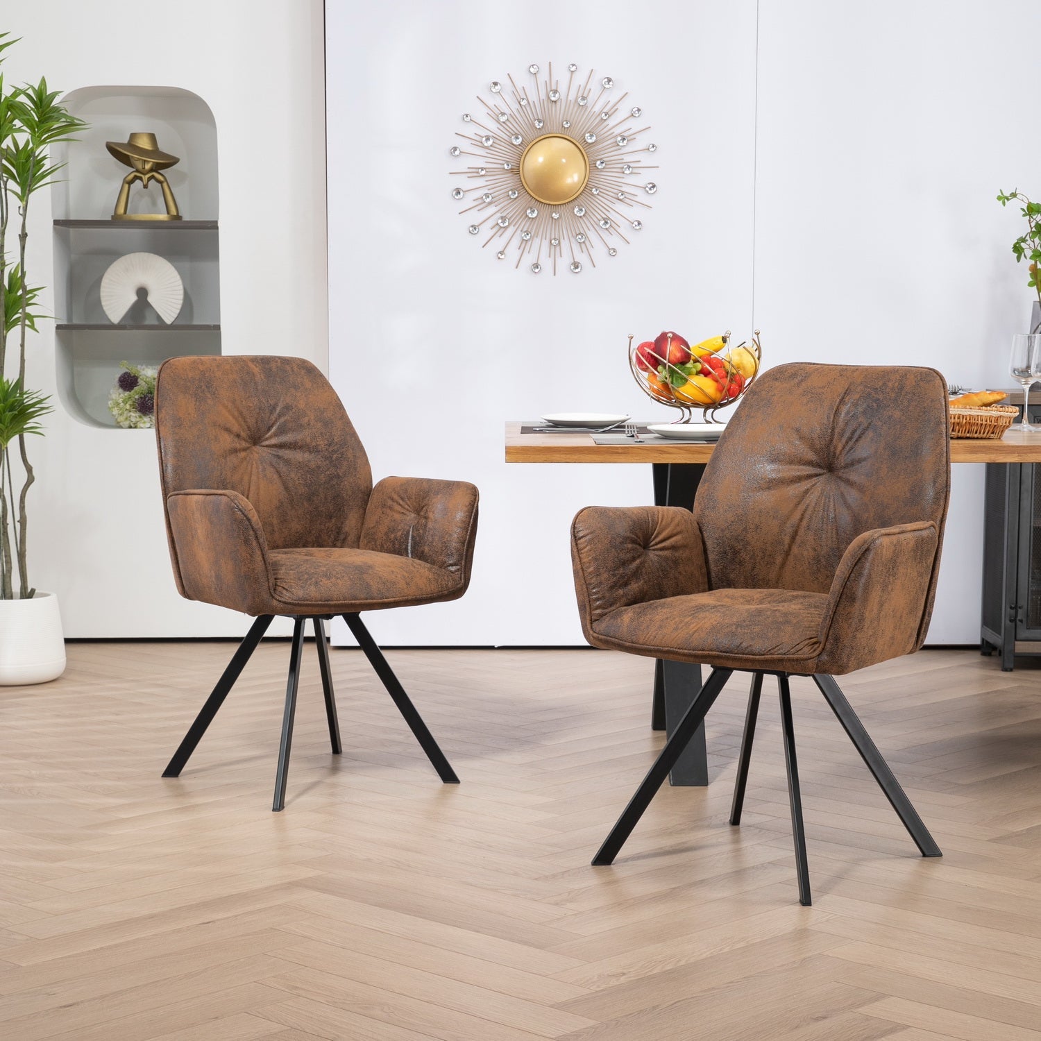 Conjunto de 4 cómodas sillas de comedor de ante con reposabrazos - CALF SUEDE BROWN 4PCS
