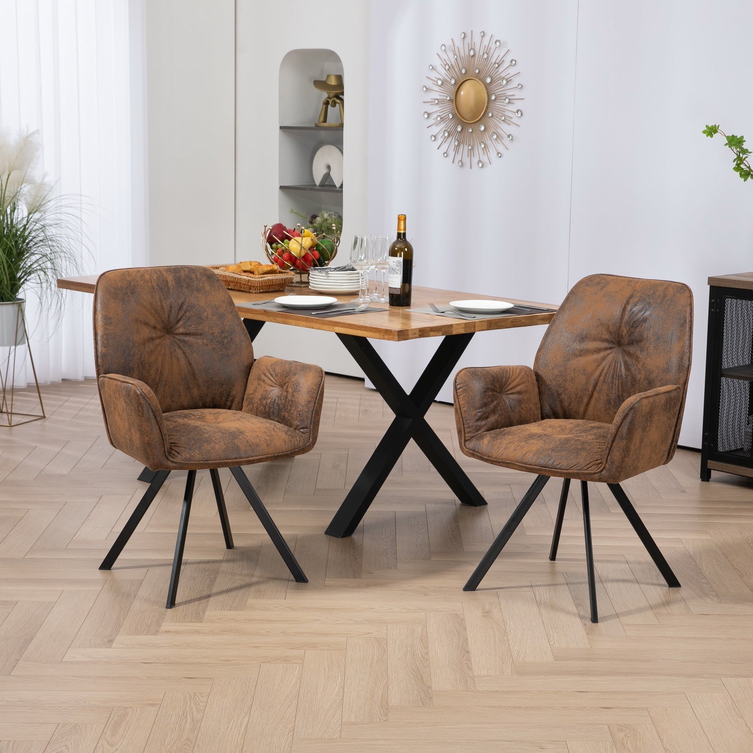 Conjunto de 4 cómodas sillas de comedor de ante con reposabrazos - CALF SUEDE BROWN 4PCS