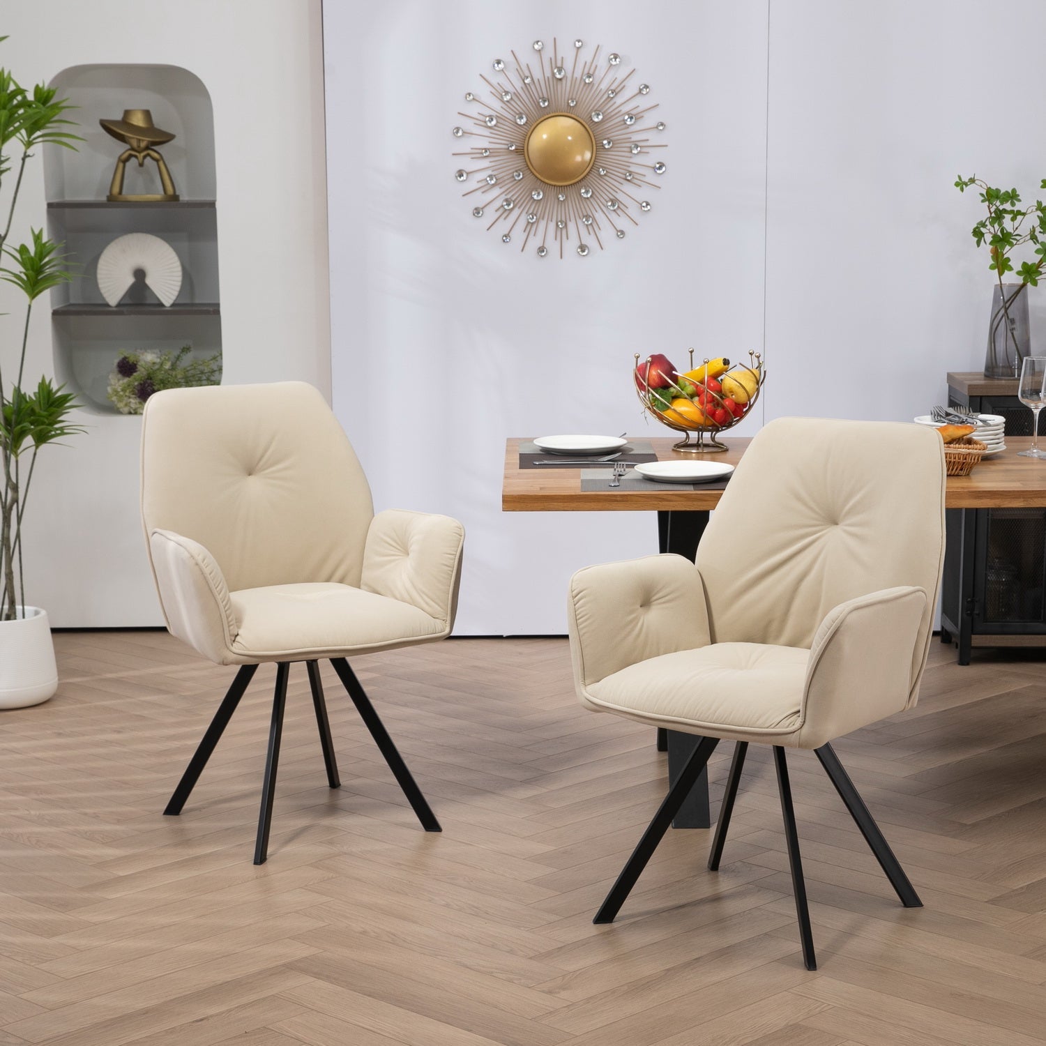 Conjunto de 4 cómodas sillas de comedor en tela y ante beige con reposabrazos - CALF SUEDE+BEIGE