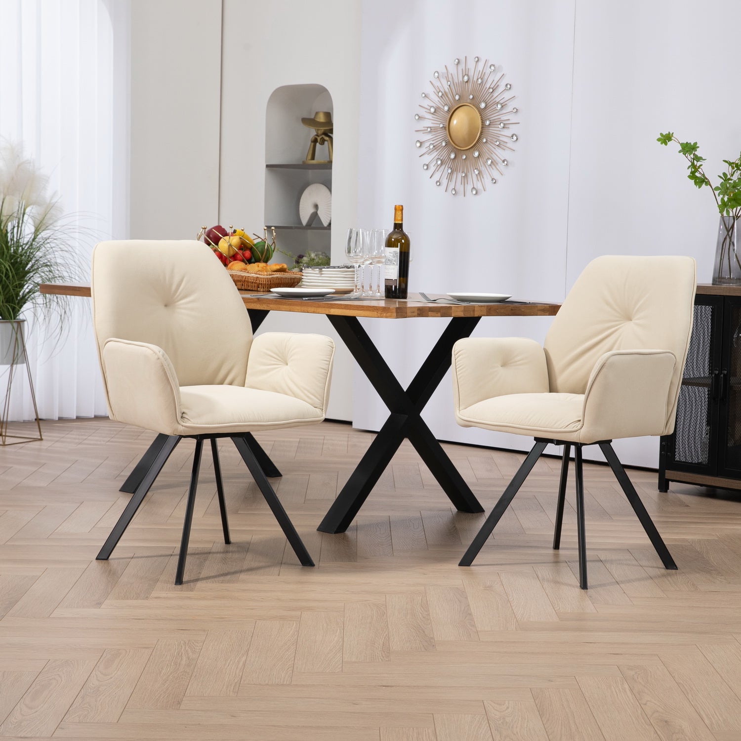 Set aus 4 bequemen Esszimmerstühlen aus beigem Stoff und Wildleder mit Armlehnen – CALF SUEDE+BEIGE