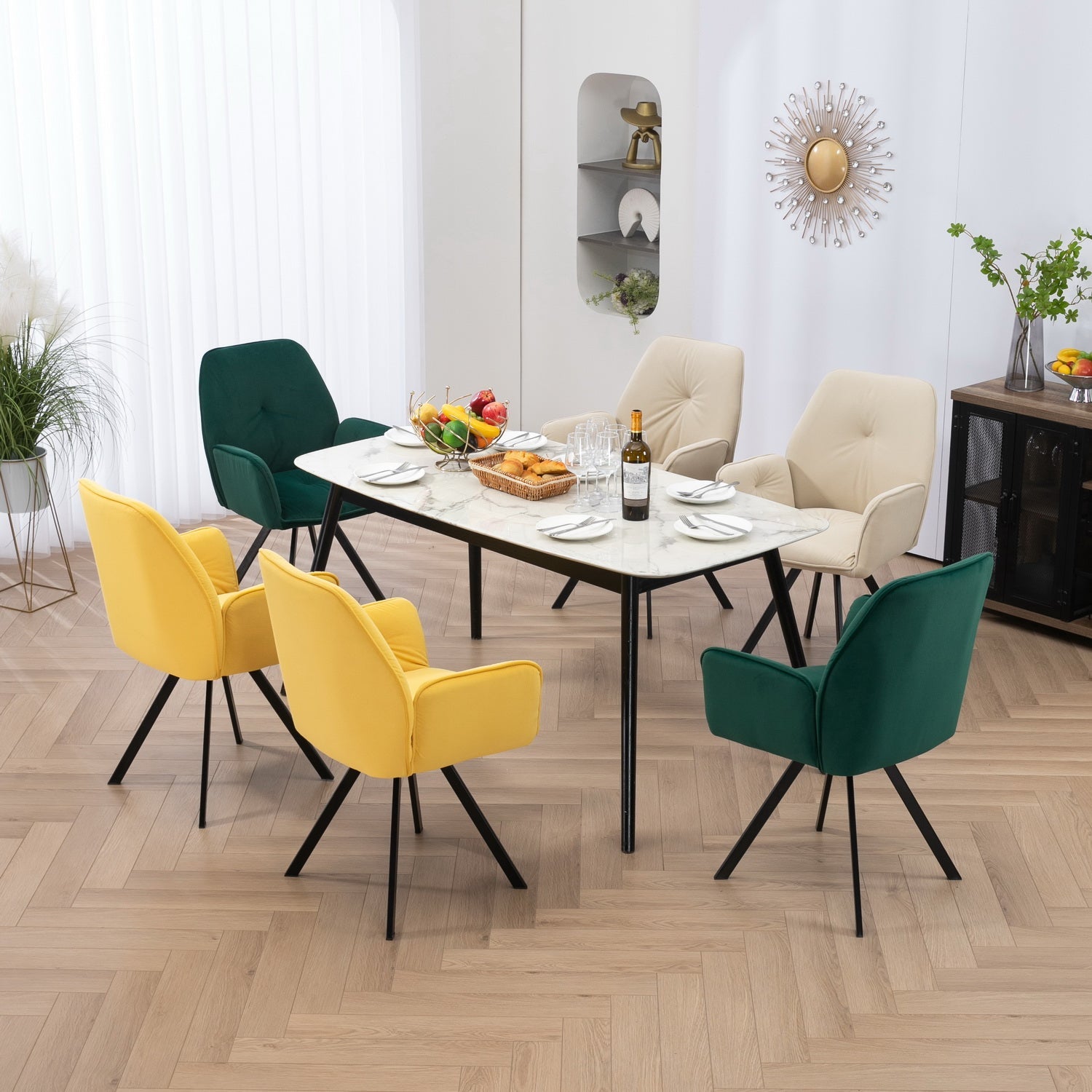 Conjunto de 4 cómodas sillas de comedor en tela y ante beige con reposabrazos - CALF SUEDE+BEIGE