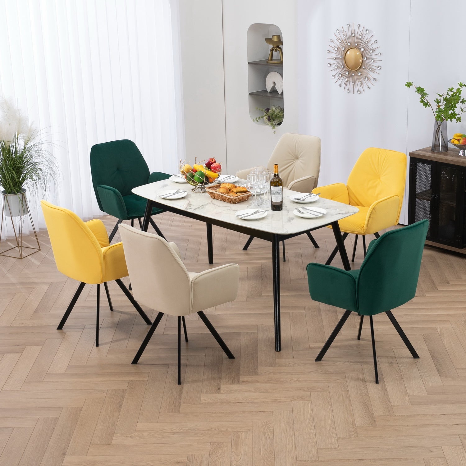 Conjunto de 4 cómodas sillas de comedor en tela y ante beige con reposabrazos - CALF SUEDE+BEIGE