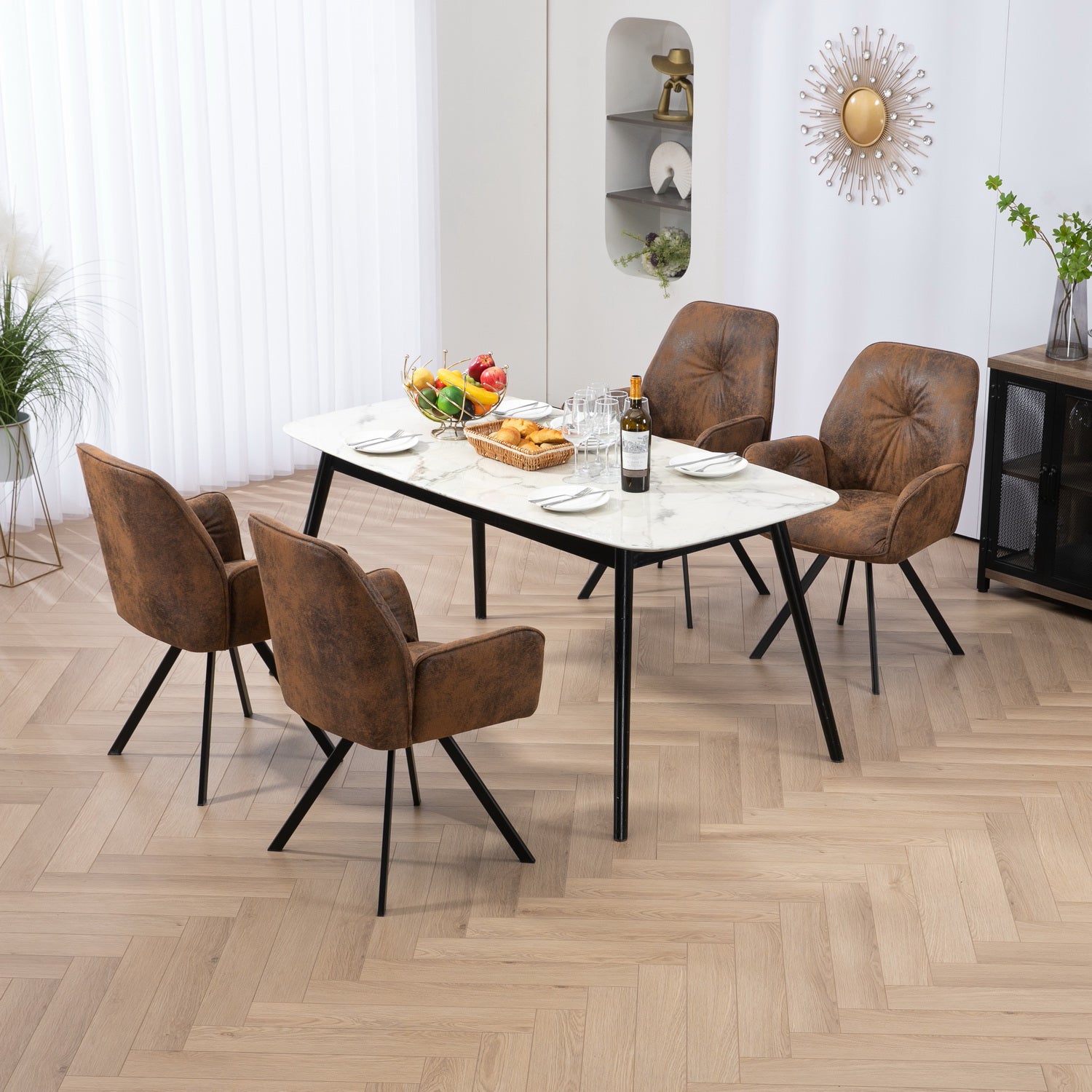 Conjunto de 4 cómodas sillas de comedor de ante con reposabrazos - CALF SUEDE BROWN 4PCS