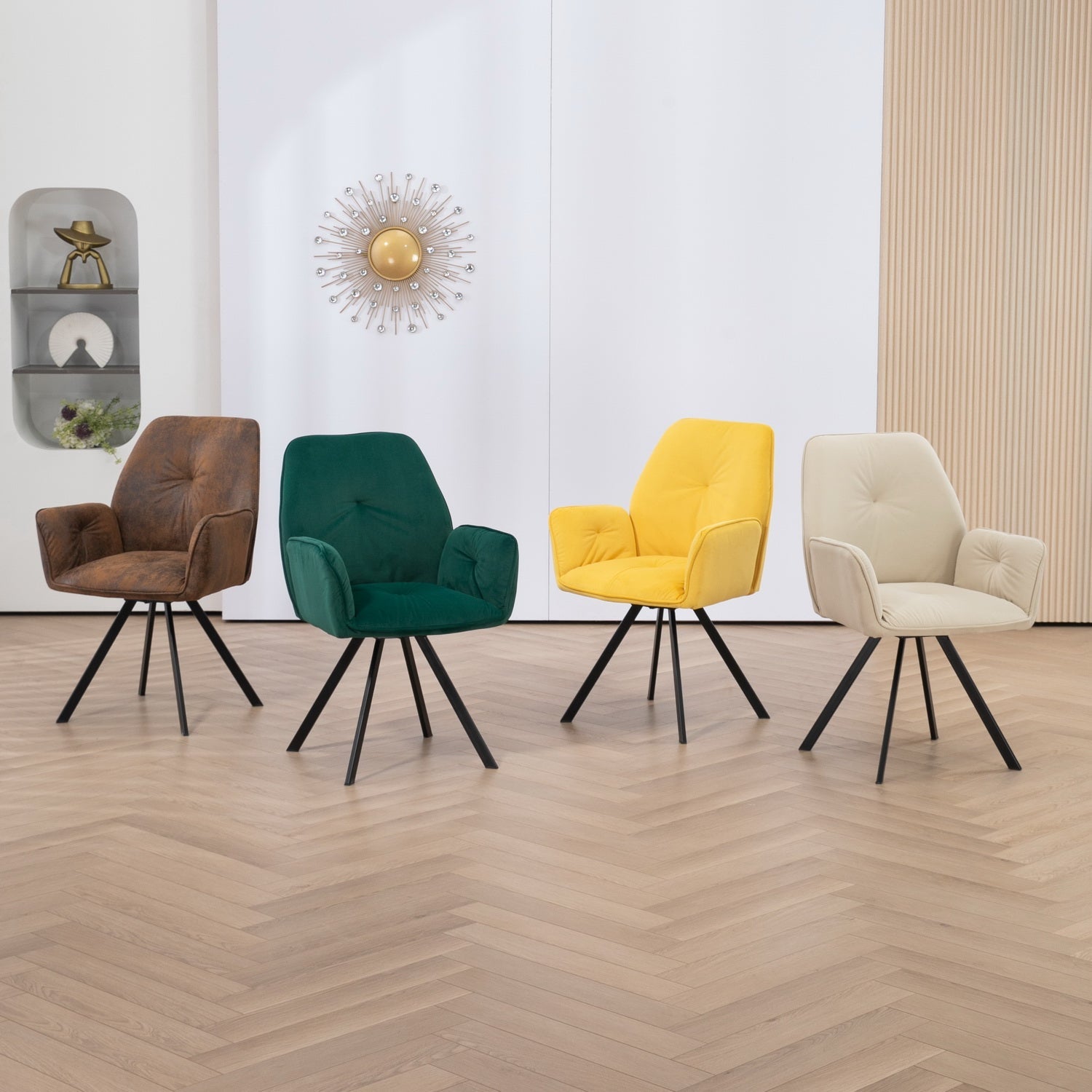 Conjunto de 4 cómodas sillas de comedor en tela y ante beige con reposabrazos - CALF SUEDE+BEIGE