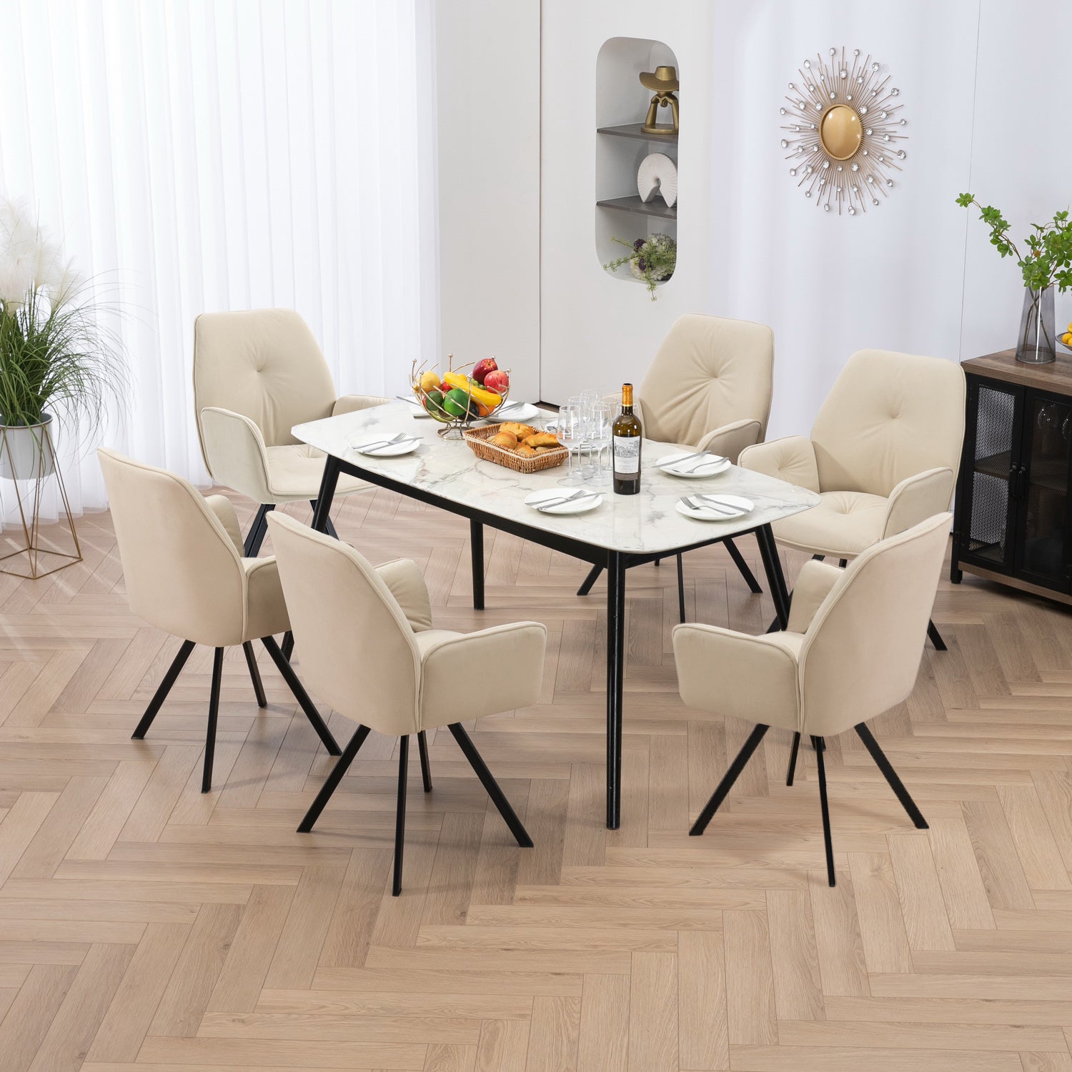 Set aus 6 modernen drehbaren Esszimmerstühlen aus beigem Stoff mit Armlehnen – CALF