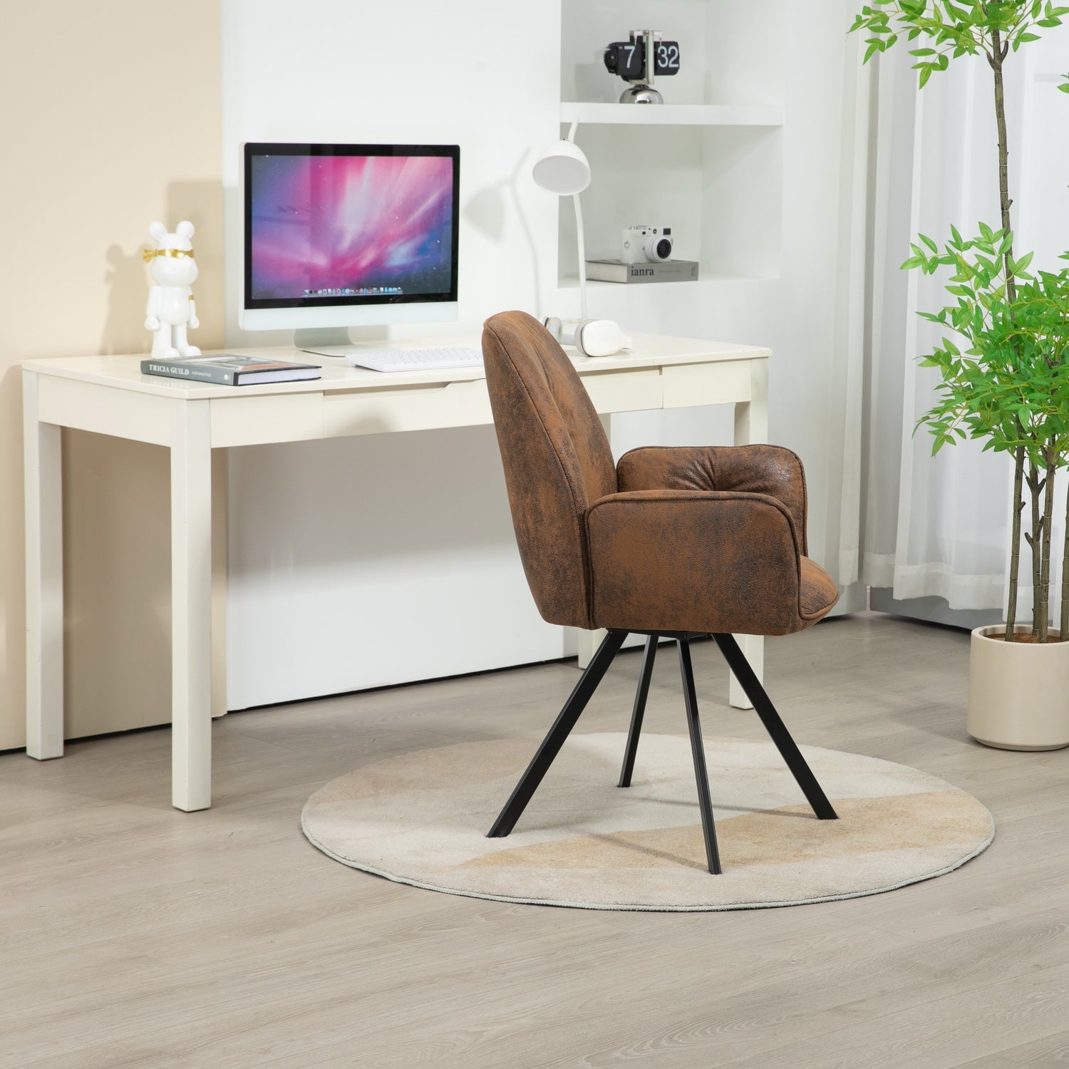 Conjunto de 4 cómodas sillas de comedor de ante con reposabrazos - CALF SUEDE BROWN 4PCS