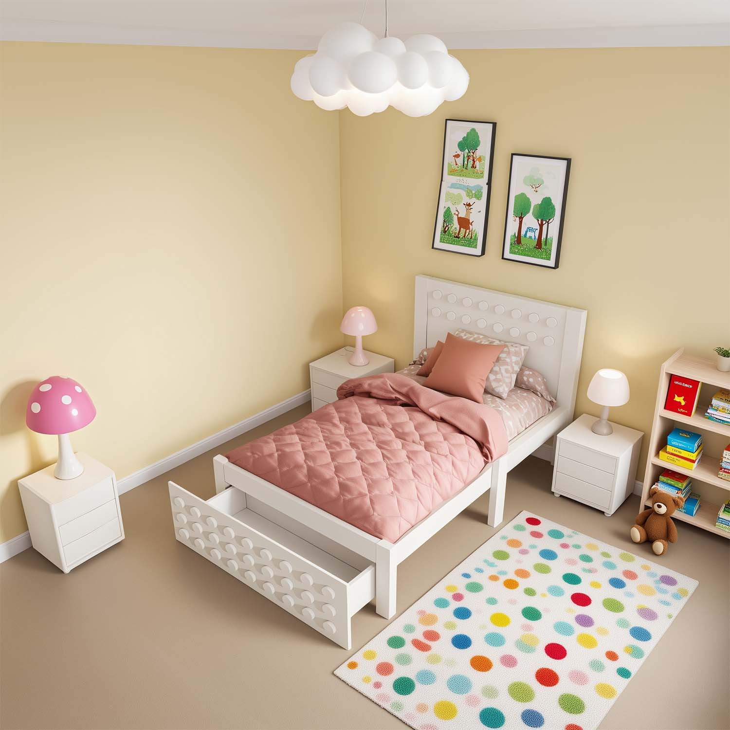 Weißes Kinderbett 90x200 cm mit Lagerschublade und kreatives Design in Blöcken, fester Holzrahmen
