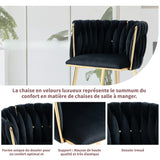 Lot de 2 Chaises en Velours Luxueuses Chaises à Dos Tressé avec Pieds Métal Doré pour Salon Chambre à Coucher Salle à Manger, Noir