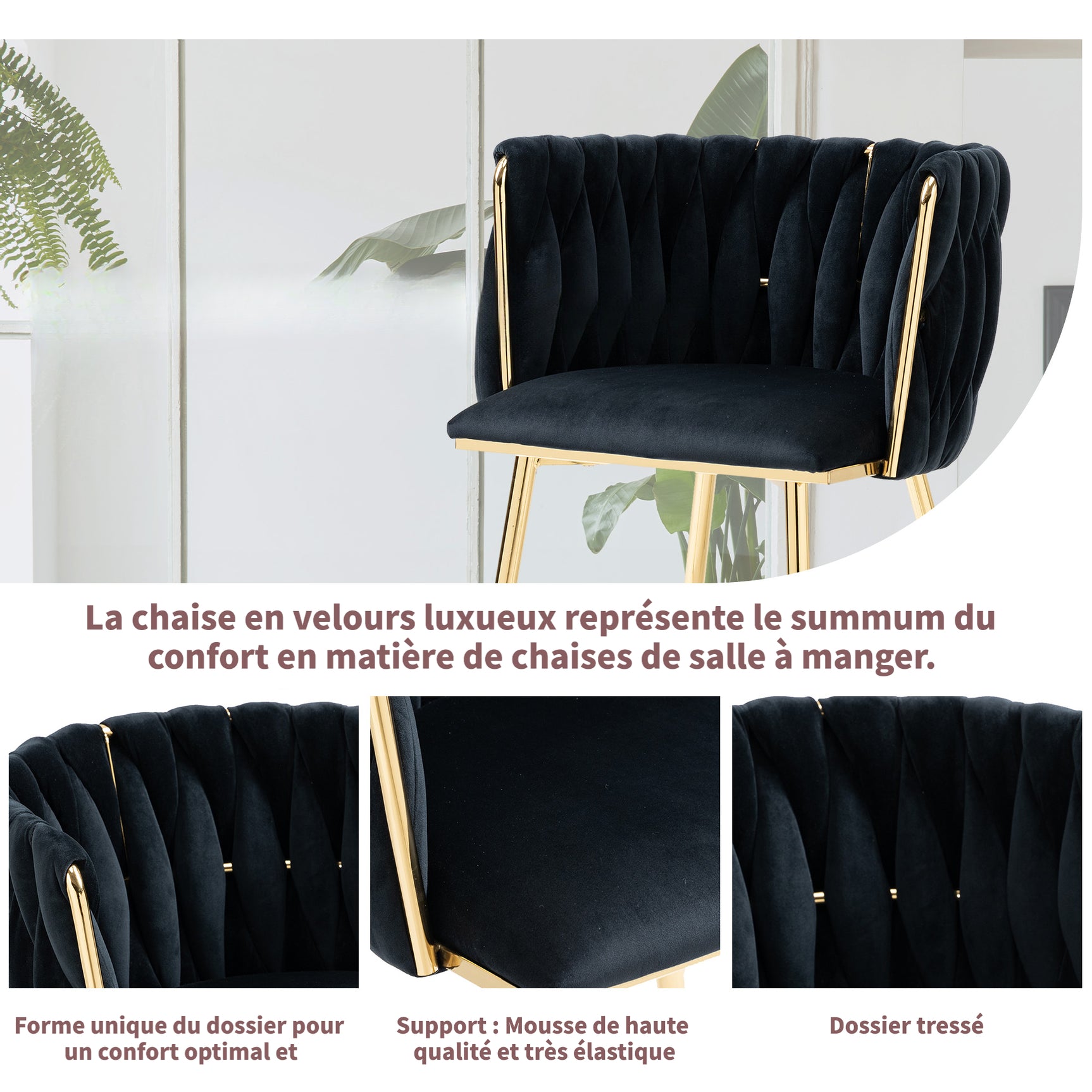 Lot de 2 Chaises en Velours Luxueuses Chaises à Dos Tressé avec Pieds Métal Doré pour Salon Chambre à Coucher Salle à Manger, Noir