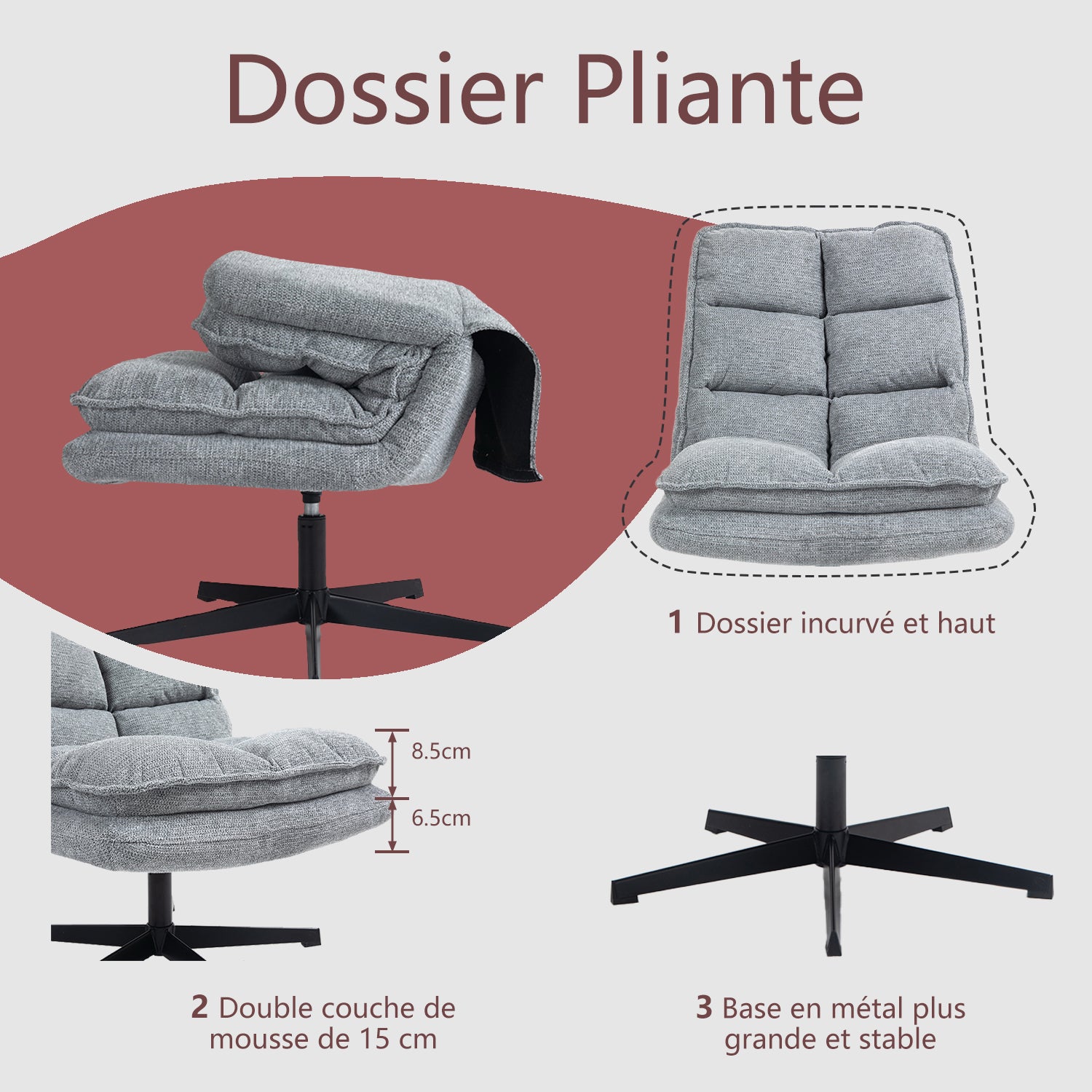 Poltrona relax pieghevole senza braccioli in tessuto grigio, girevole a 360° - AESTON