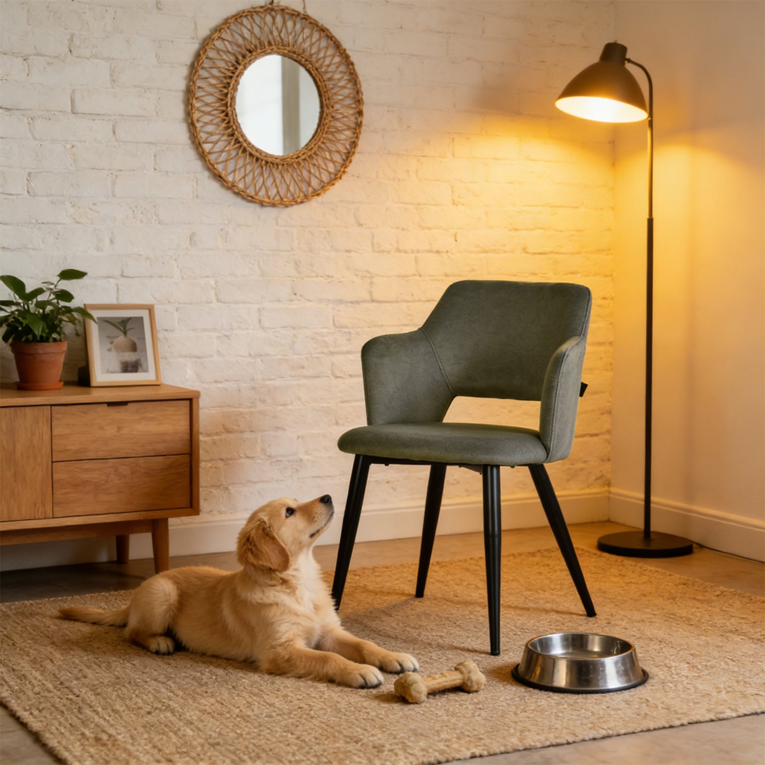 Lot de 2 chaises de salle à manger scandinaves avec accoudoirs en tissu résistant aux animaux et assise rembourrée, vert - AKANJI CC