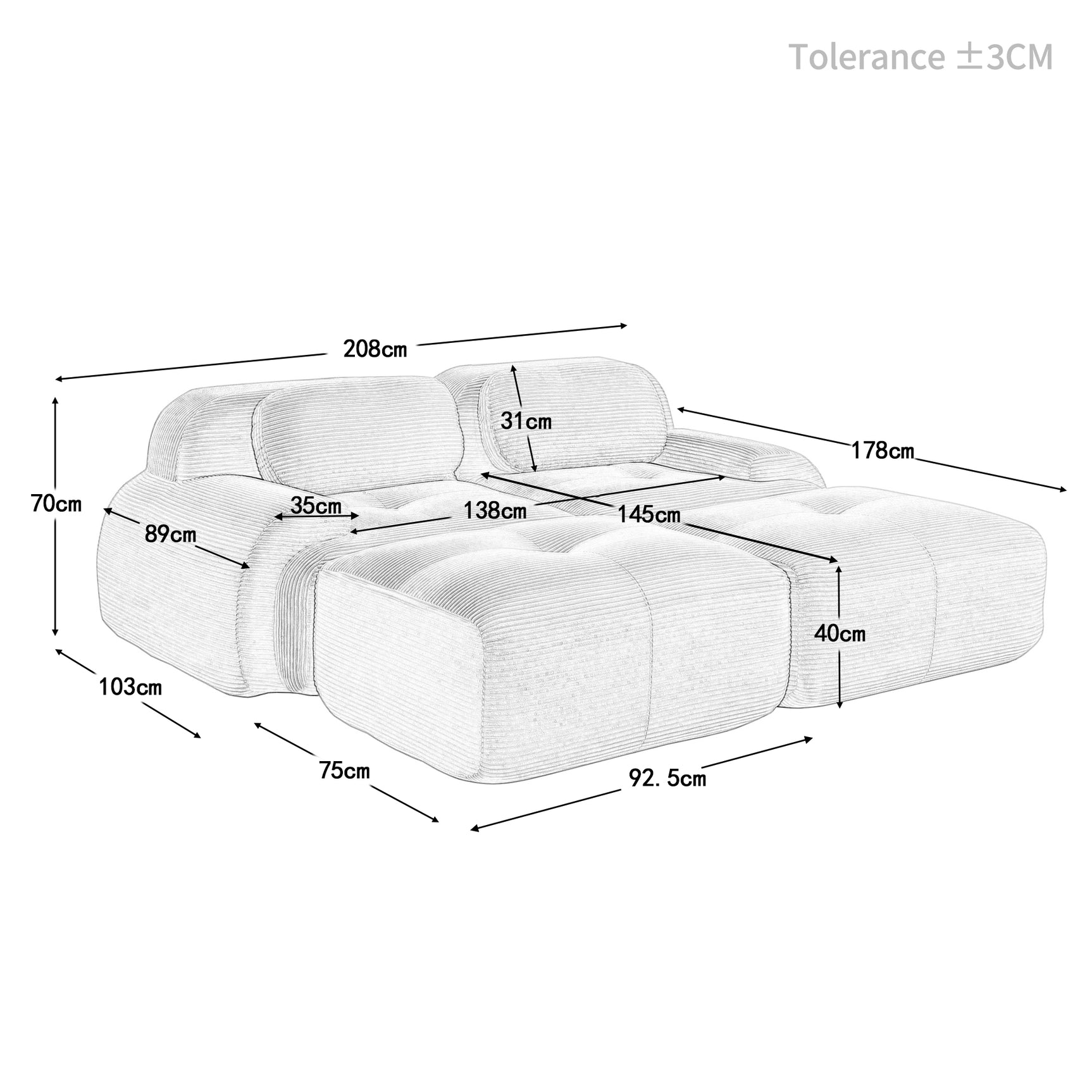 Ensemble de canapés avec accoudoirs incurvés et base antidérapante en tissu velours côtelé doux pour le salon, noir, siège 2 + tabouret 2