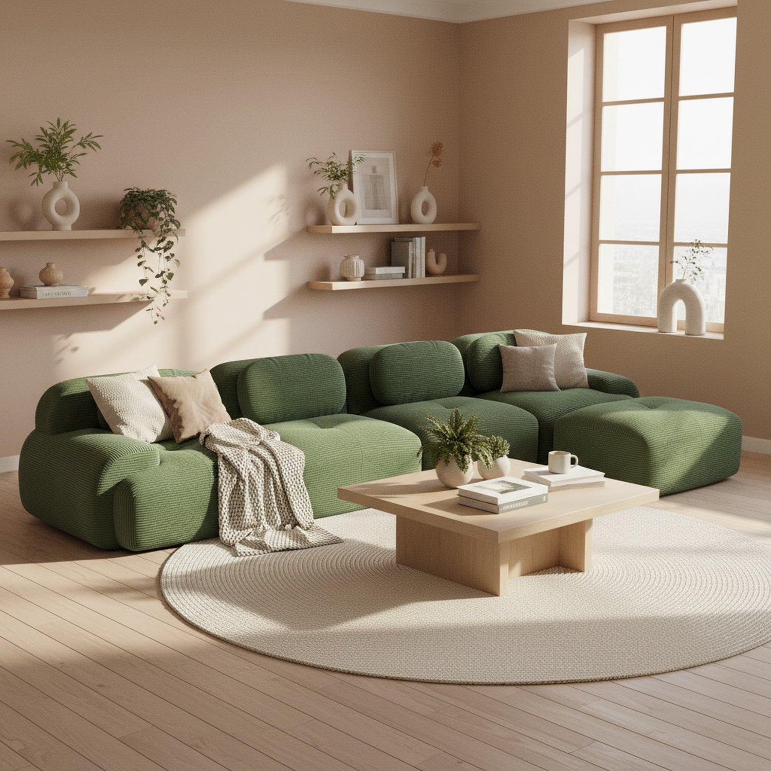 Ensemble de canapés avec accoudoirs incurvés et base antidérapante en tissu velours côtelé doux pour le salon, vert, siège 4+tabouret 1