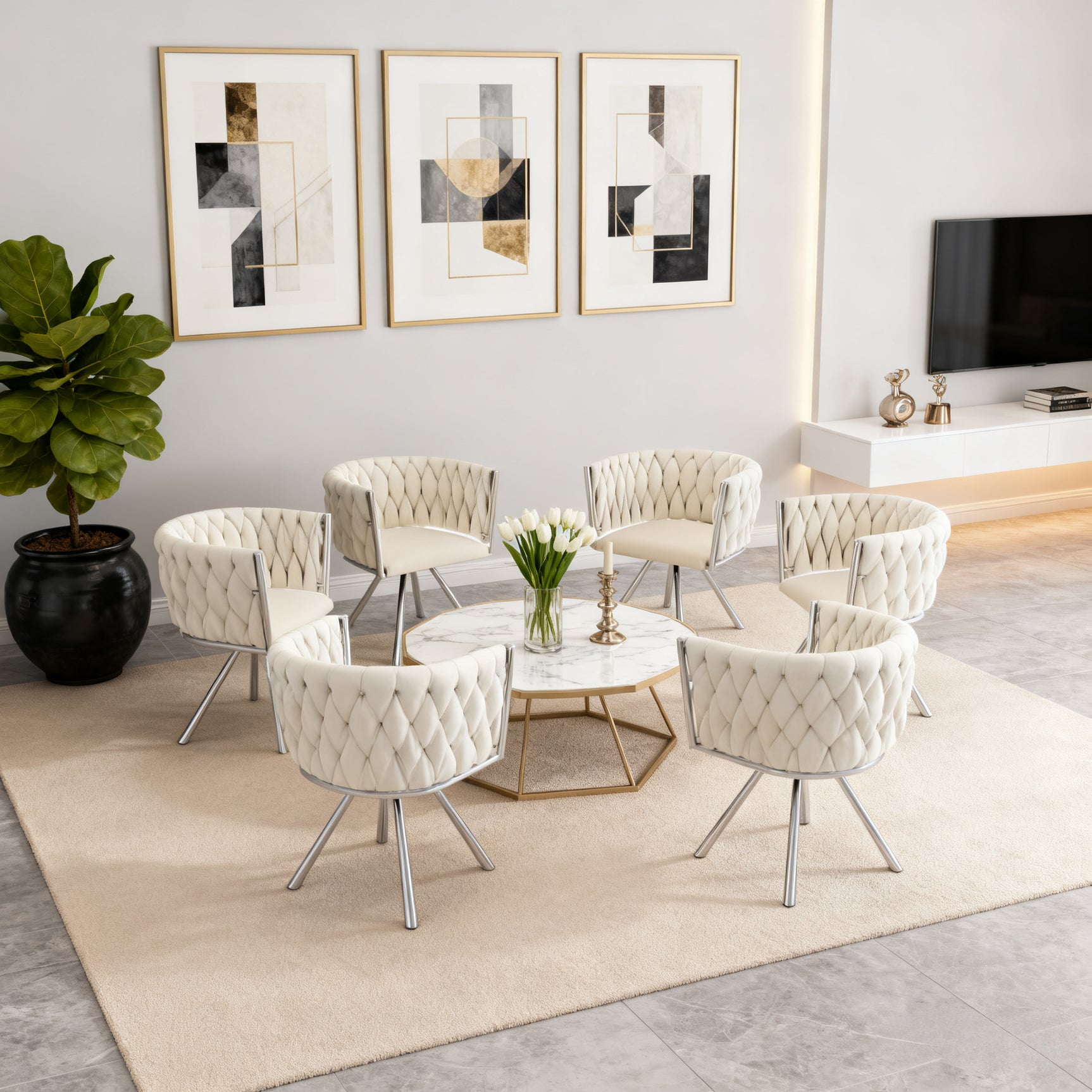 Set aus 4 Esszimmerstühlen im Industriestil mit geflochtener Rückenlehne aus beigem Stoff – MILIANA