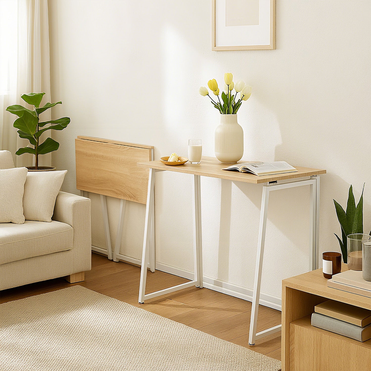 Bureau/table d'ordinateur industriel pliant en bois de chêne et en métal blanc - ASCOLI