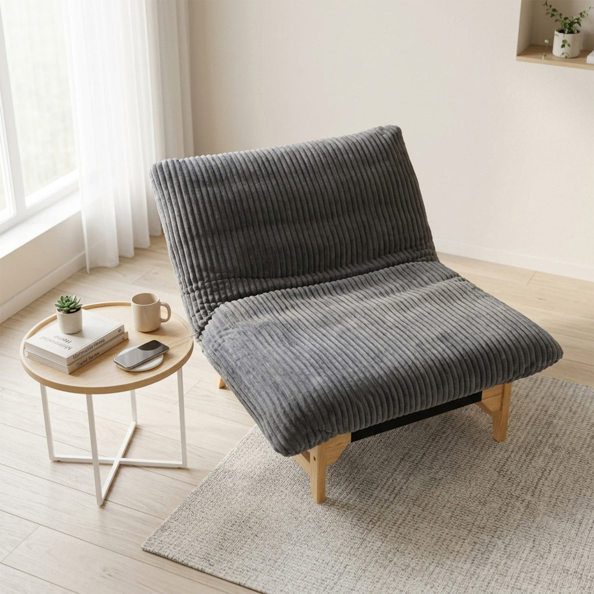 Fauteuil en velours côtelé gris sans accoudoirs