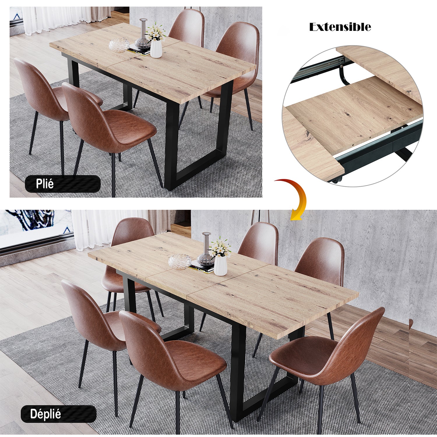 Retro dining table Extensible industrial style in wood - Whalen