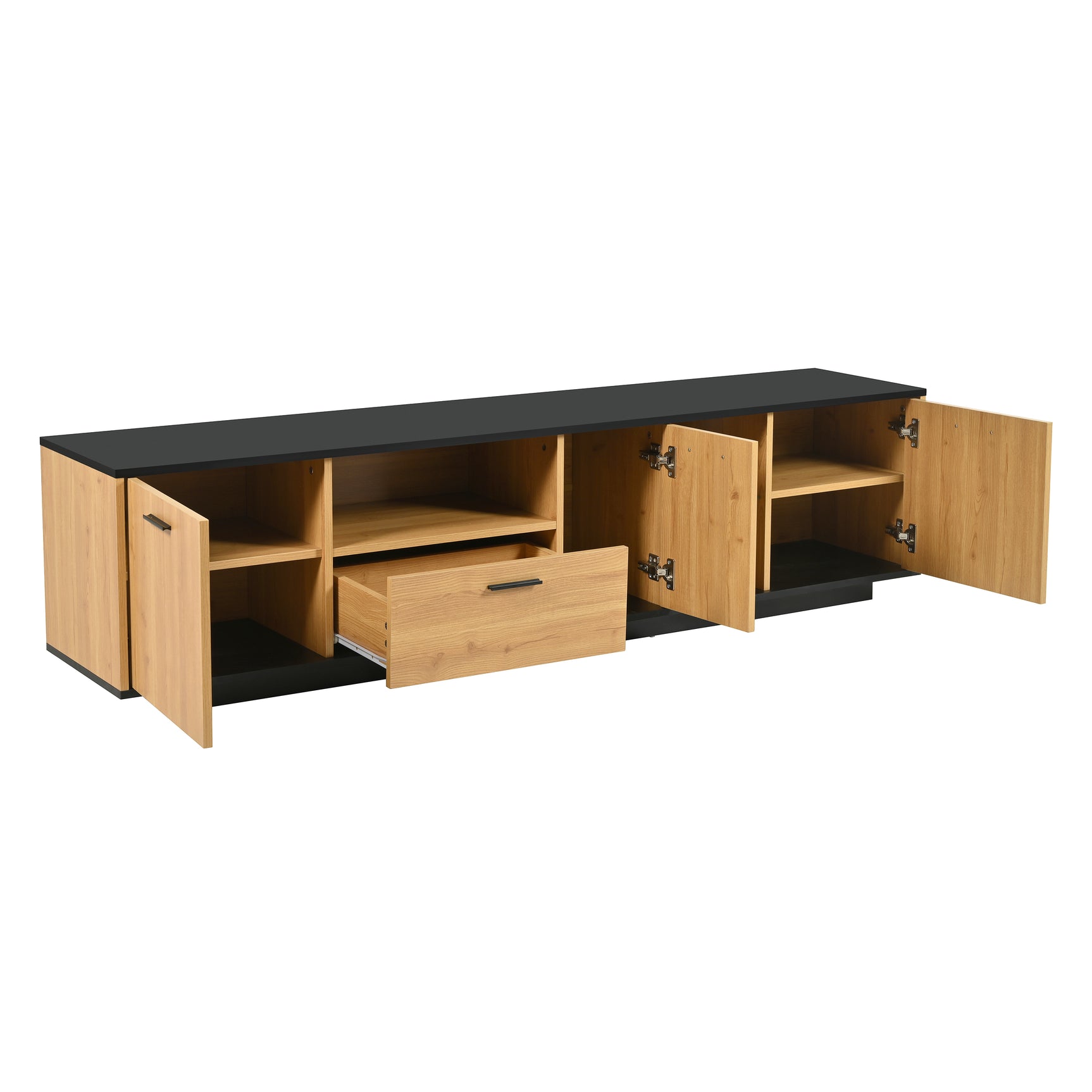 Meuble TV avec tiroir, 3 portes, 2 niches en verre et éclairage LED, noir et bois naturel
