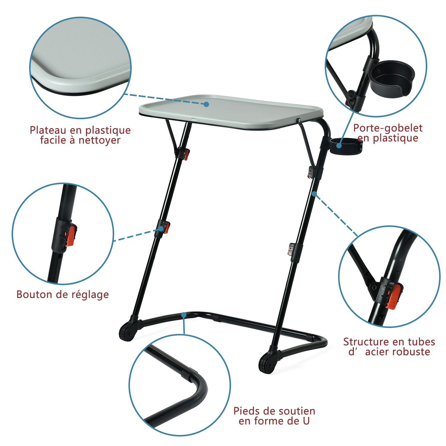 Tavolo laterale pieghevole per laptop, divano regolabile regolabile con vassoio inclinabile e tazza-supporto-baseline