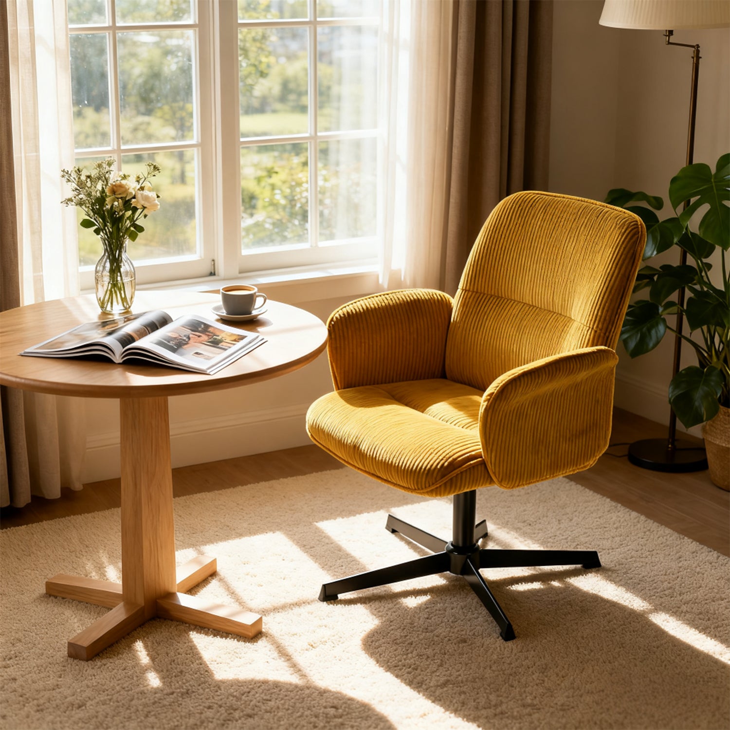 Fauteuil de bureau ergonomique pivotant et réglable avec accoudoirs en velours côtelé jaune - THOMASINA