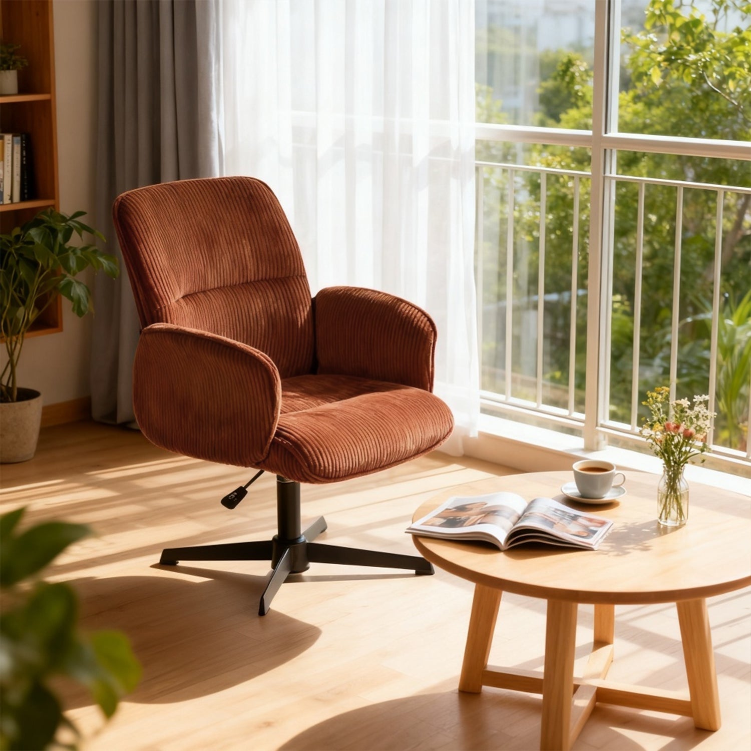 Fauteuil de bureau ergonomique pivotant et réglable avec accoudoirs en velours côtelé rouge - THOMASINA