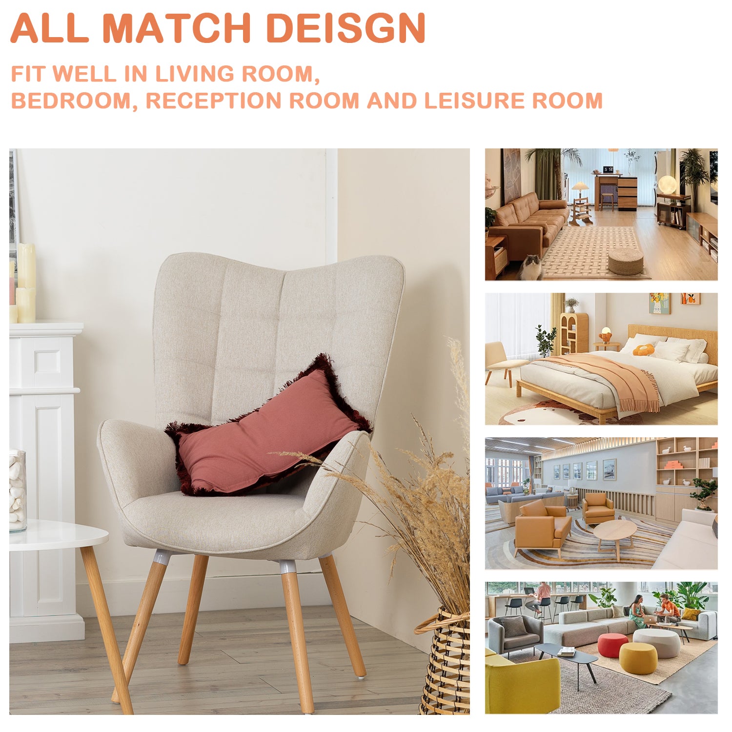 Fauteuil scandinave avec accoudoirs en tissu beige à surpiqûres - FUNKEL