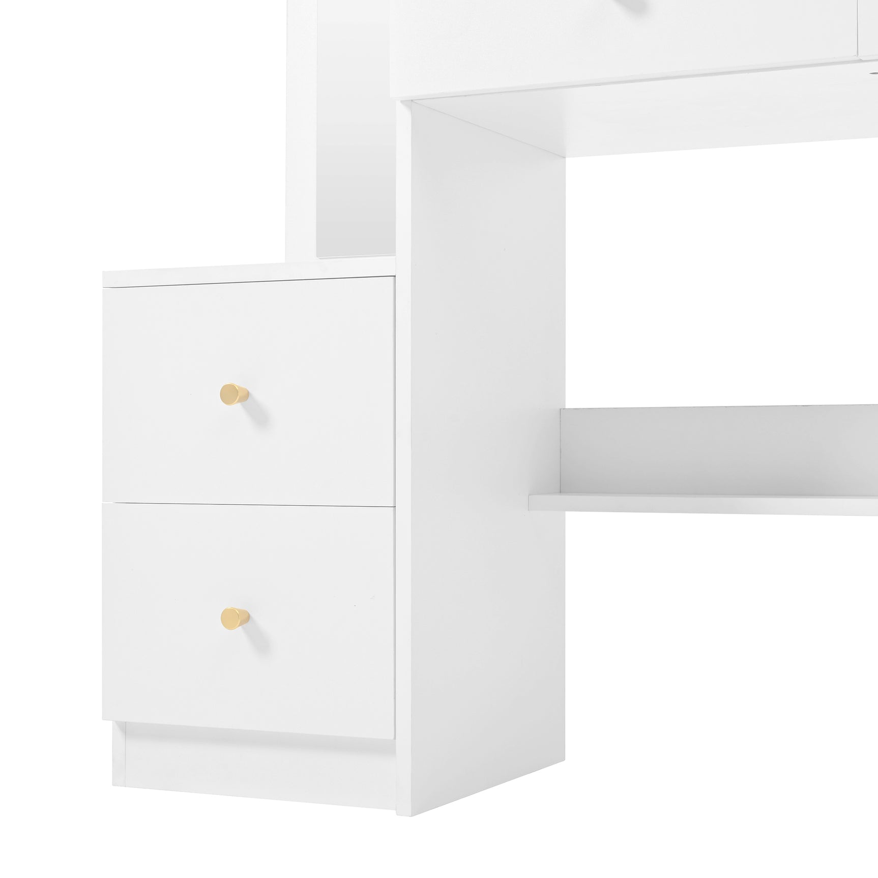 Weißer 4-in-1-Schminktisch mit ganzem Spiegel und Drehspiegel, gepolstertem Hocker, integrierter Speicher und 3-Farben-LED-Beleuchtung, 109x36x164 cm