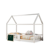 Lit cabane enfant 90x200 cm blanc en bois massif avec tableau noir, sommier à lattes et barrières de sécurité, sans matelas