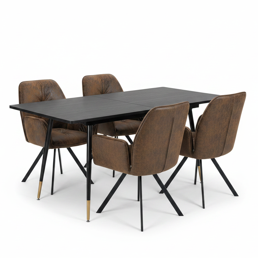 Round Table Table Table Table Timber Ø80 cm with 4 black velvet chairs, modern and comfortable style