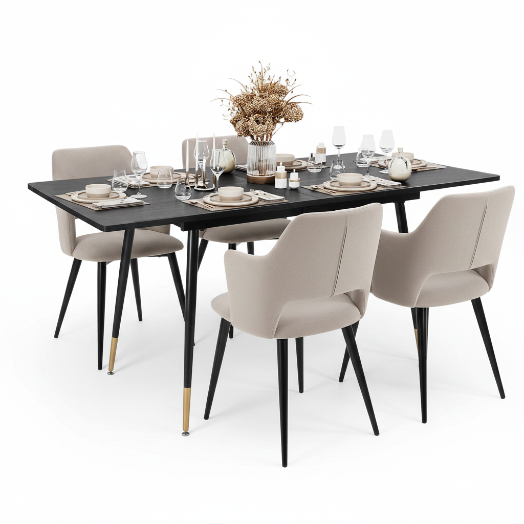 Round Table Table Table Table Timber Ø80 cm with 4 black velvet chairs, modern and comfortable style