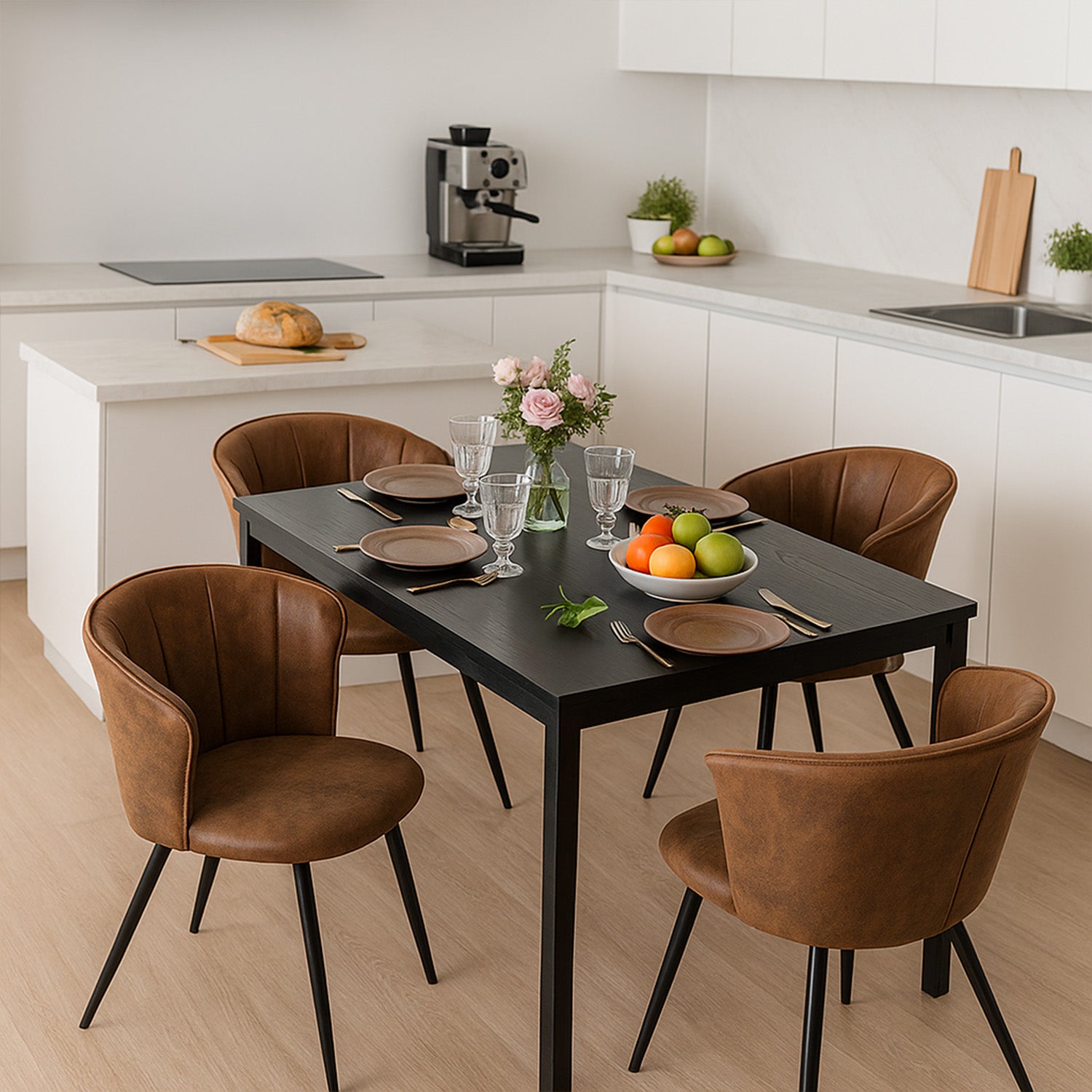 Round Table Table Table Table Timber Ø80 cm with 4 black velvet chairs, modern and comfortable style