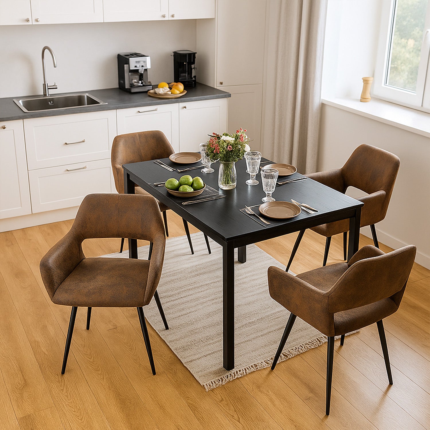 Round Table Table Table Table Timber Ø80 cm with 4 black velvet chairs, modern and comfortable style