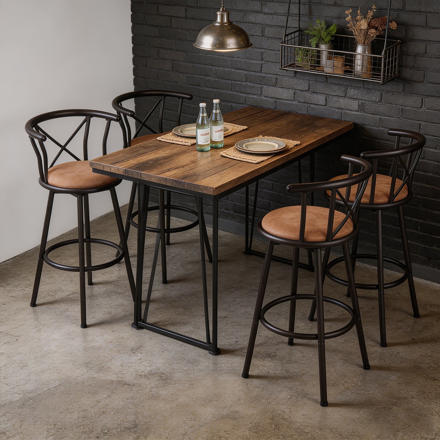 Set von 4 drehenden Industriestangenhocker mit brauner Stoffdatei - Hailey 29