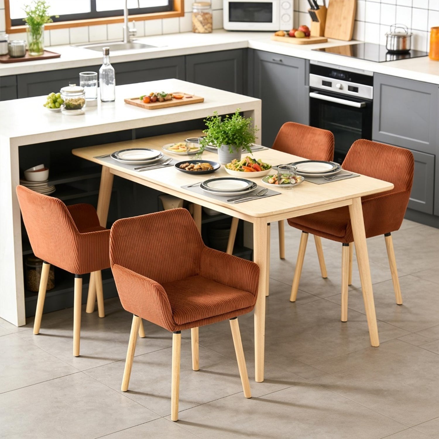 Lot de 4 chaises de salle à manger de style scandinave avec pieds en bois et accoudoirs en velours côtelé rouge - ELIA