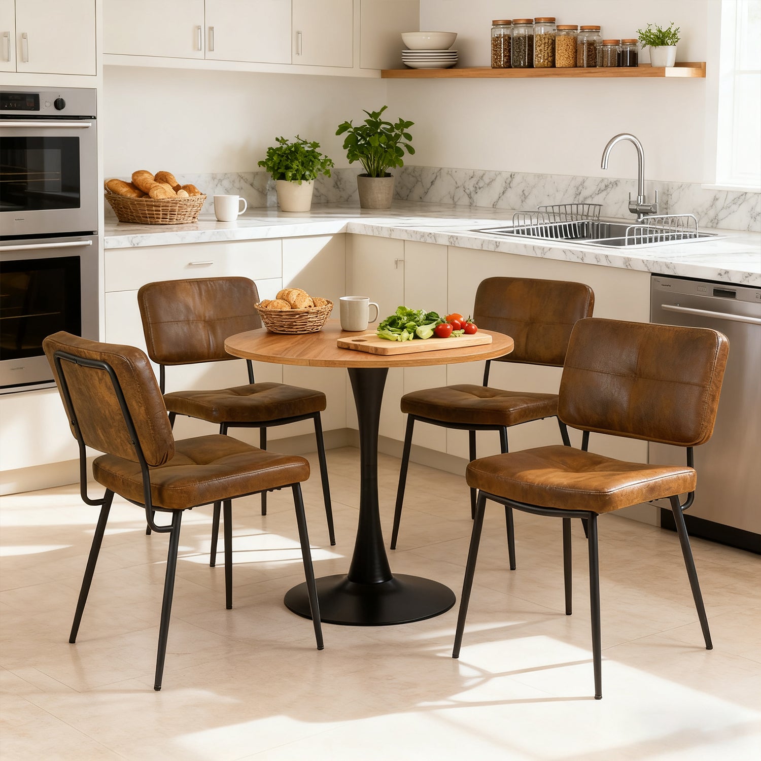 Round Table Table Table Table Timber Ø80 cm with 4 black velvet chairs, modern and comfortable style