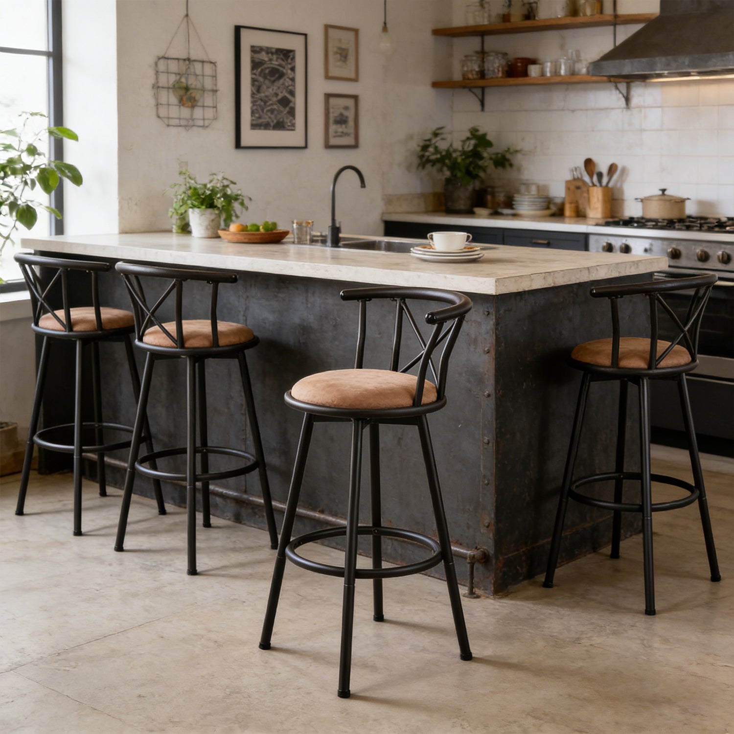 Lot de 4 tabourets de bar industriels pivotants avec dossier en tissu marron - HAILEY 29