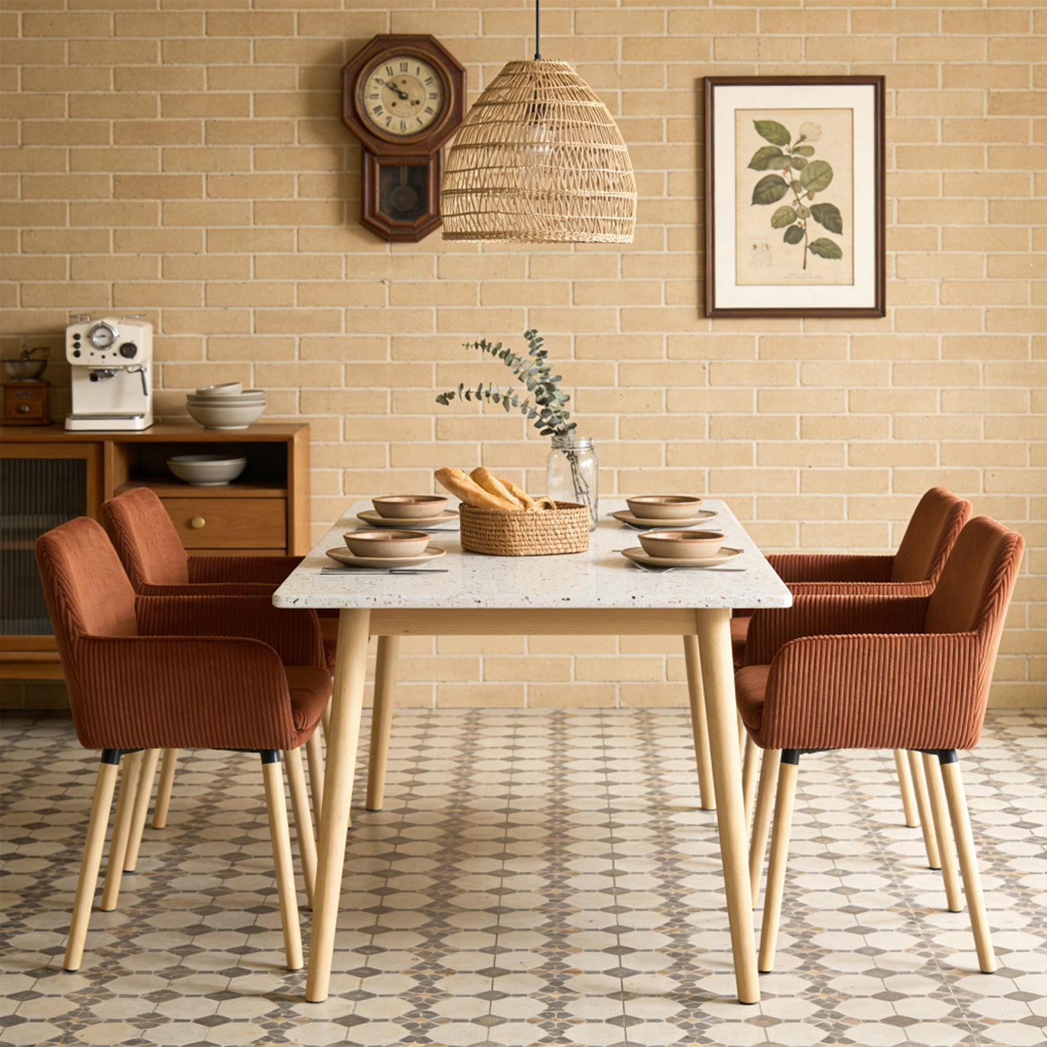 Lot de 4 chaises de salle à manger de style scandinave avec pieds en bois et accoudoirs en velours côtelé rouge - ELIA