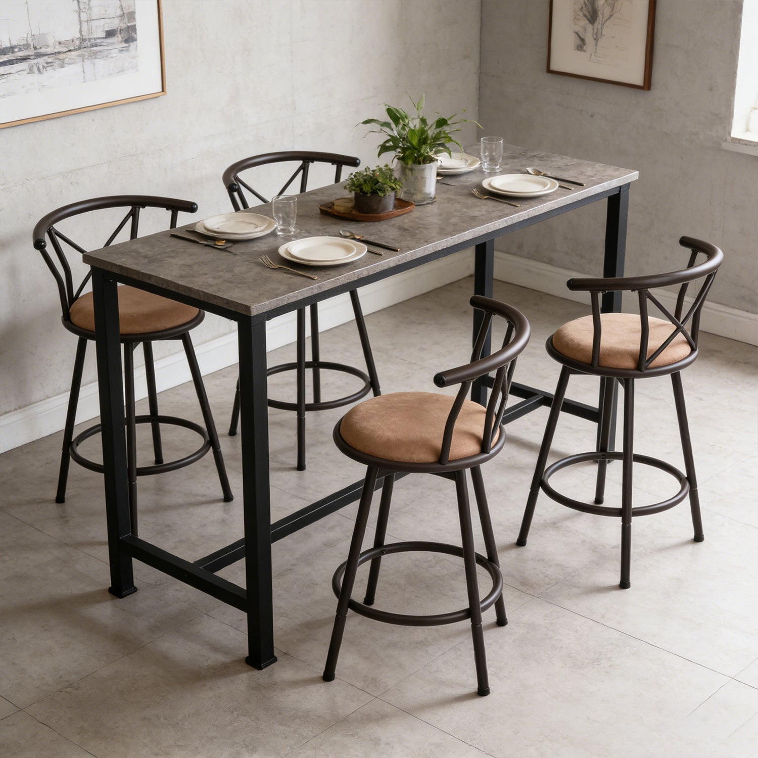 Lot de 4 tabourets de bar industriels pivotants avec dossier en tissu marron - HAILEY 24