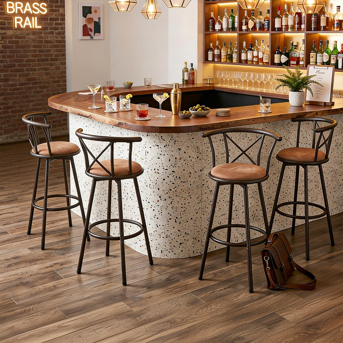 Set von 6 schwenkbaren Industriestangenhockern mit brauner Stoffrückländer - Hailey 29