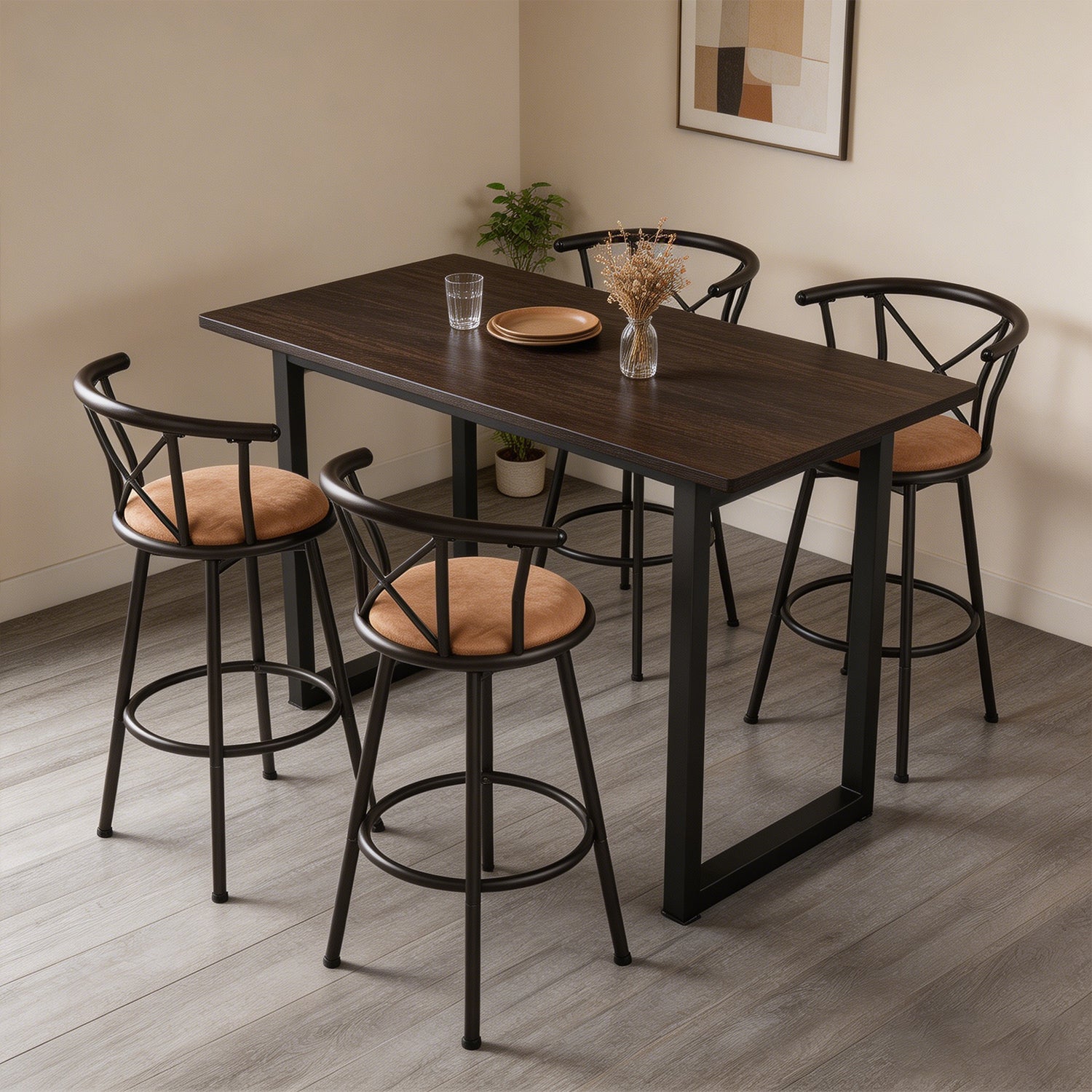 Lot de 4 tabourets de bar industriels pivotants avec dossier en tissu marron - HAILEY 29