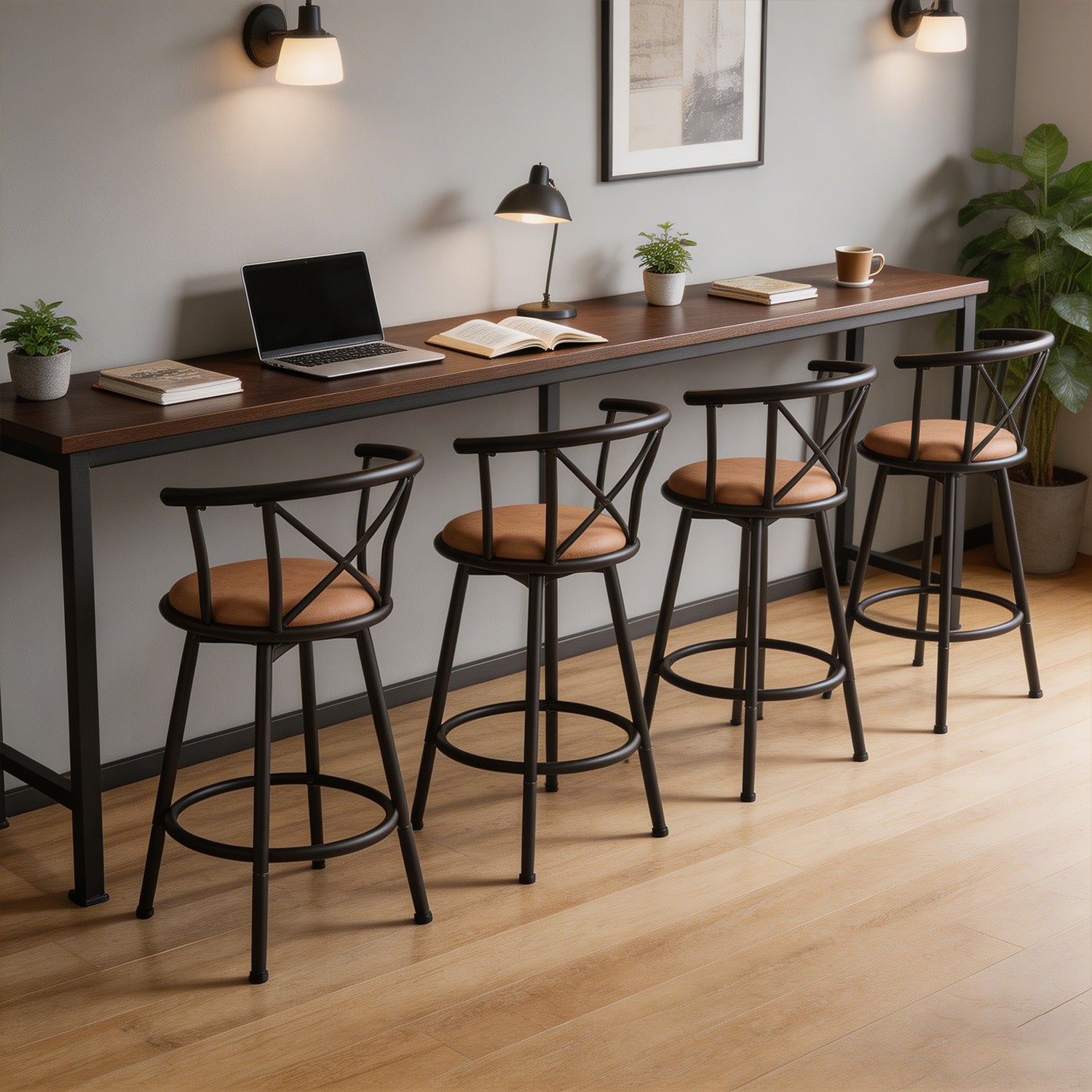 Lot de 4 tabourets de bar industriels pivotants avec dossier en tissu marron - HAILEY 24